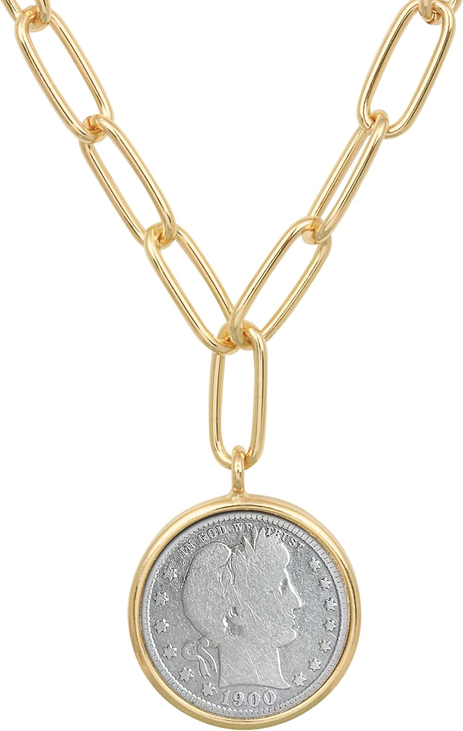 American Coin Treasures Pendant Barber Quarter Coin Necklace- 18 Inch Paper Clip Style Chain- Goldtone Round Bezel- Miss Liberty