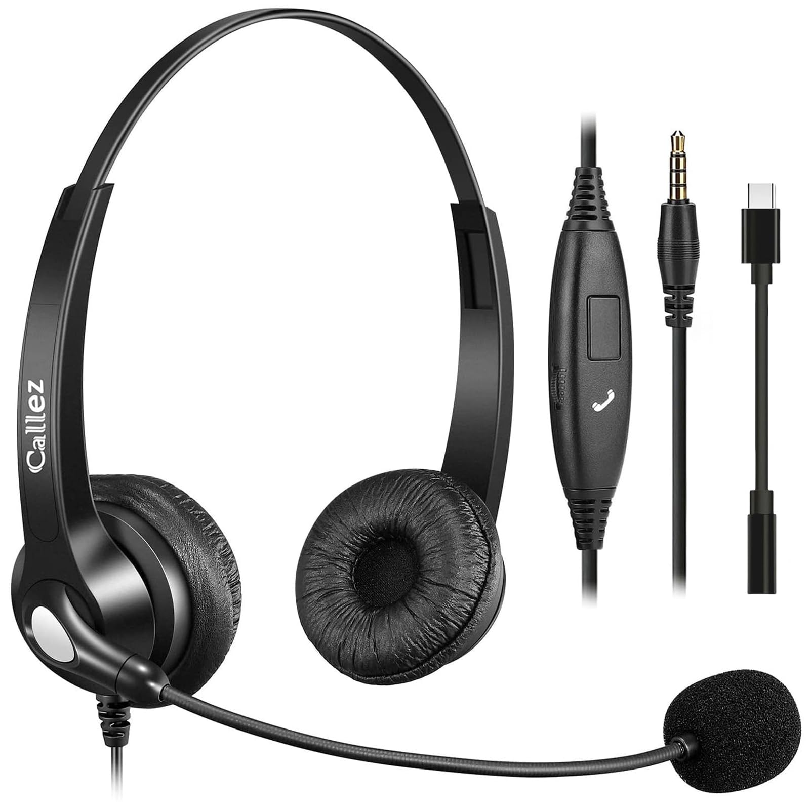 Callez ヘッドセット3.5mm/USB-C接続 ノイズキャンセリングマイク付き 有線ヘッドホン 両耳 PC用ヘッドセット 着信応答/終話 音量調節 330°回転 タイプc接続 PC iPhone iPad Android パソコン対応 Skype Web会議 在宅勤務 業務用 コールセンター リモートワーク オフィス適用 通信/授業/ビジネス 軽量設計 - 2