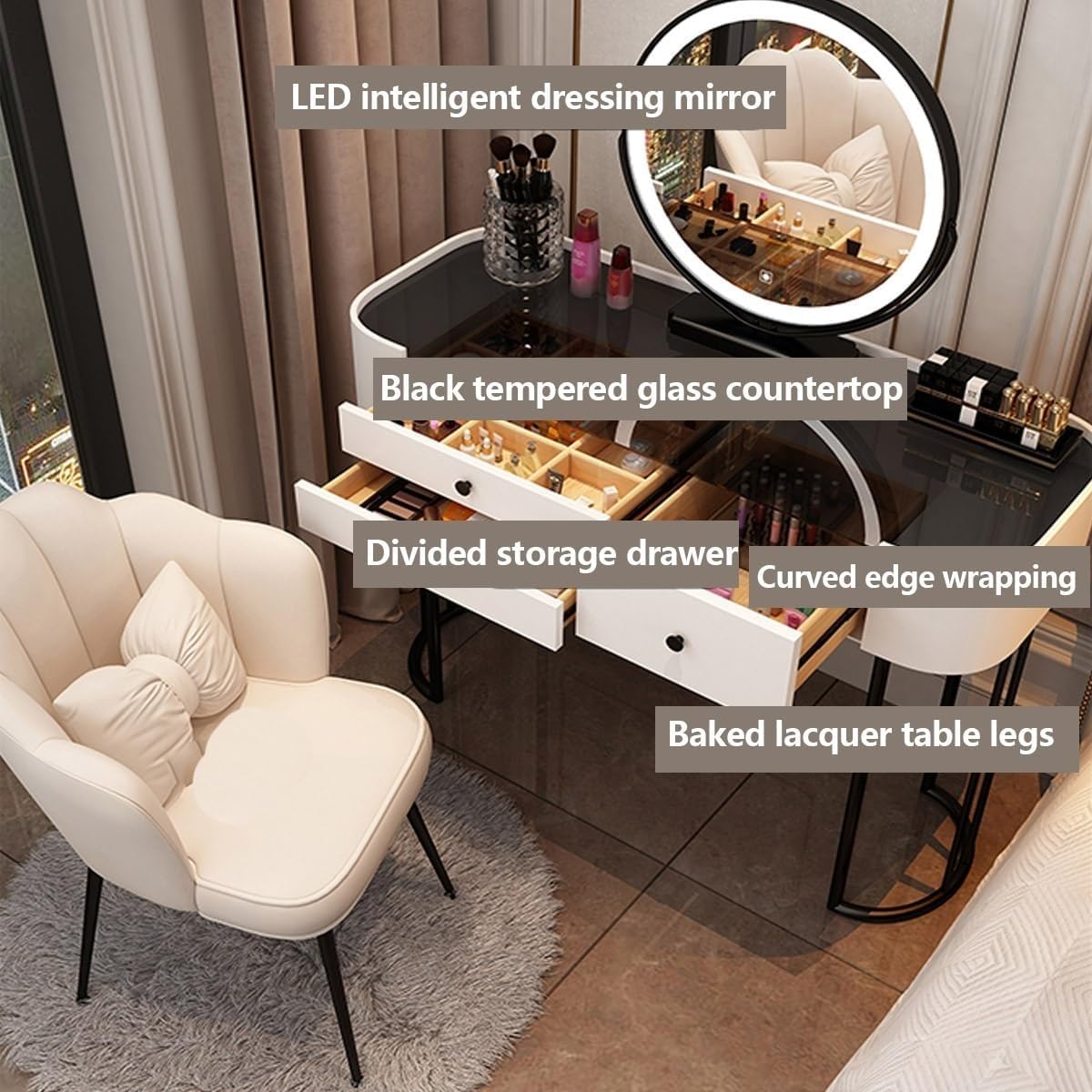 Dressing Table Makeup Table with Flip Top Mirror and Removable Storage Padded Seat Stool Led Smart Glass Dressing Table Chair Set，Stylish Modern Makeup Vanity Table with Drawer & Bench - Com