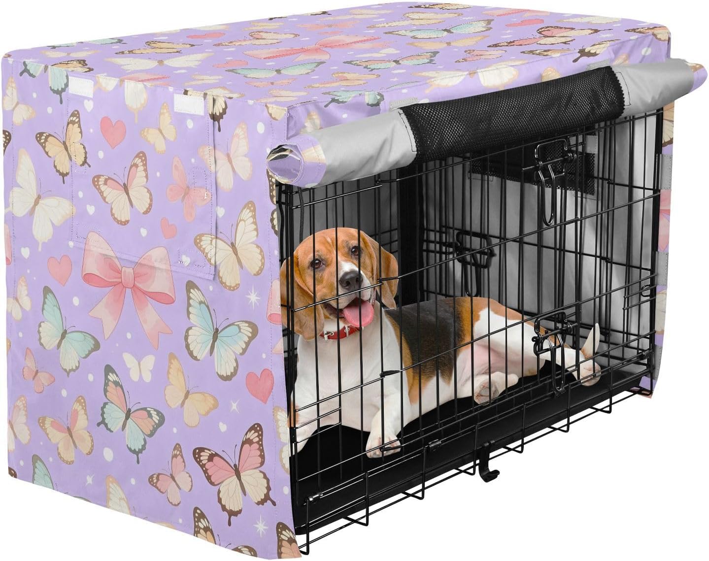Lavender Butterfly Dog Crate Cover 600D Oxford Pet Kennel Cover with Mesh Window for Dog Cages, Windproof Waterproof Machine Washable, 42"x28"x30"