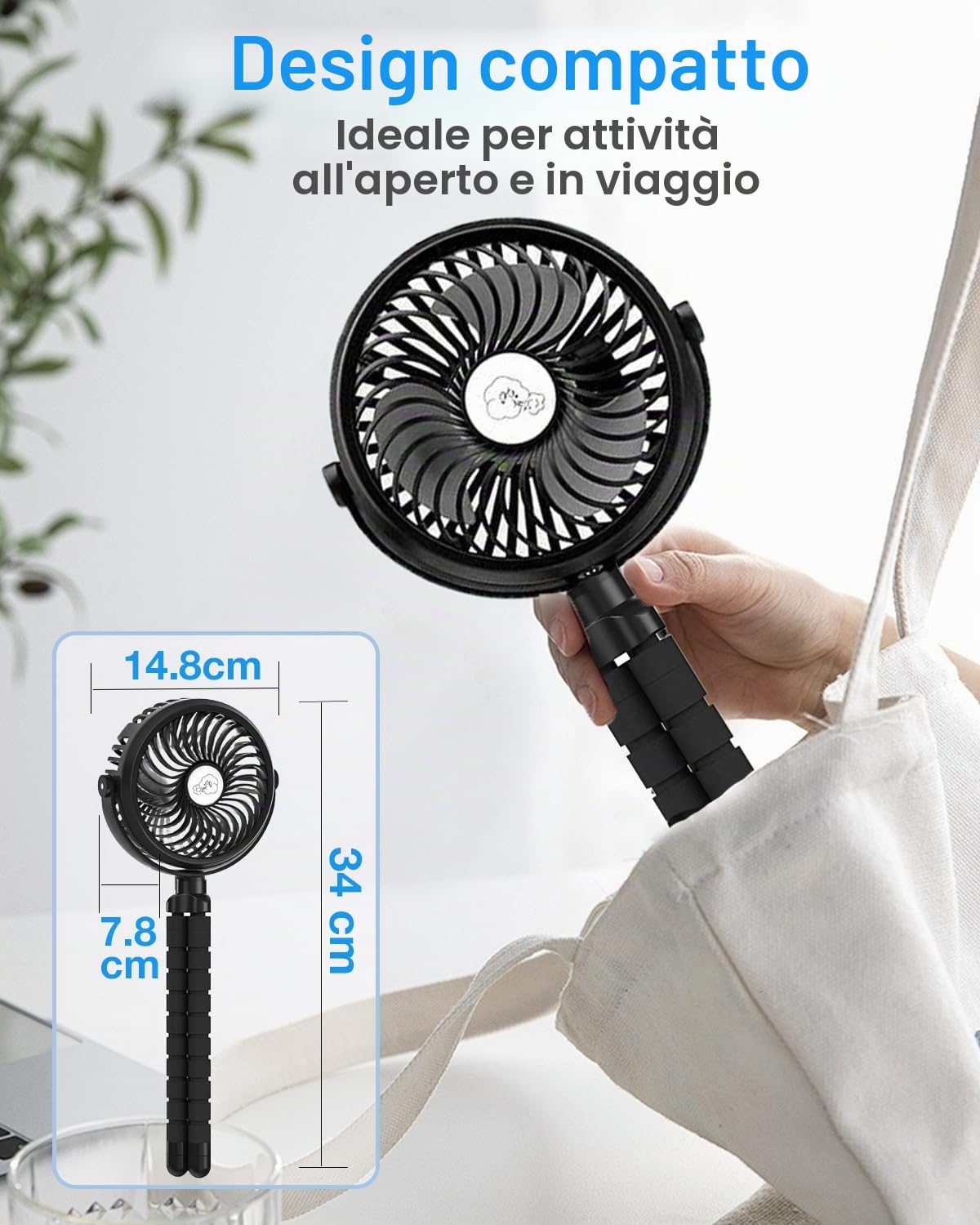 Migliorato Ventilatore USB 5200 mAh, 3 Velocità Silenzioso per Passeggino | Ventilatore a Mano Regolabile a 360°, Mini Ventilatore da Tavolo da Campeggio Portatile 24 ore, Ø13cm
