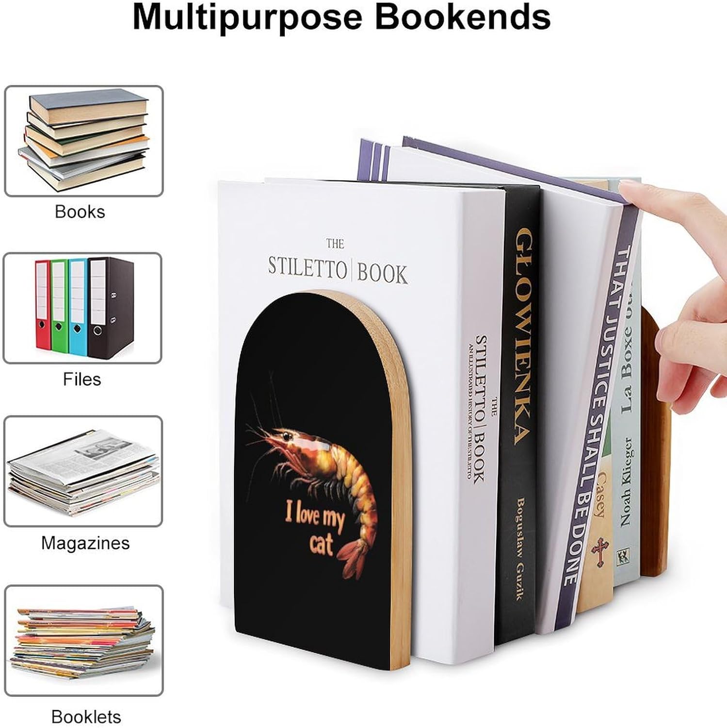 I Love My Cat Shrimp Cute Wood Book Ends Decorative Bookends 1 Pair Non-Skid for Shelves Home Office 7 X 5 Inch
