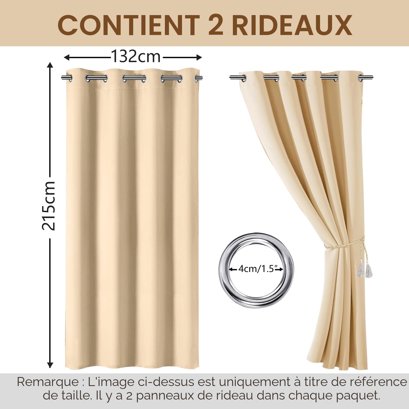 Rideaux D'extérieur, Lot de 2 Rideau Exterieur Impermeable, Rideau Pergola avec Oeillets en Haut, Rideaux Occultant Exterieur pour Terrasse Balcon Tonnelle Porte(132 * 215cm, Beige)