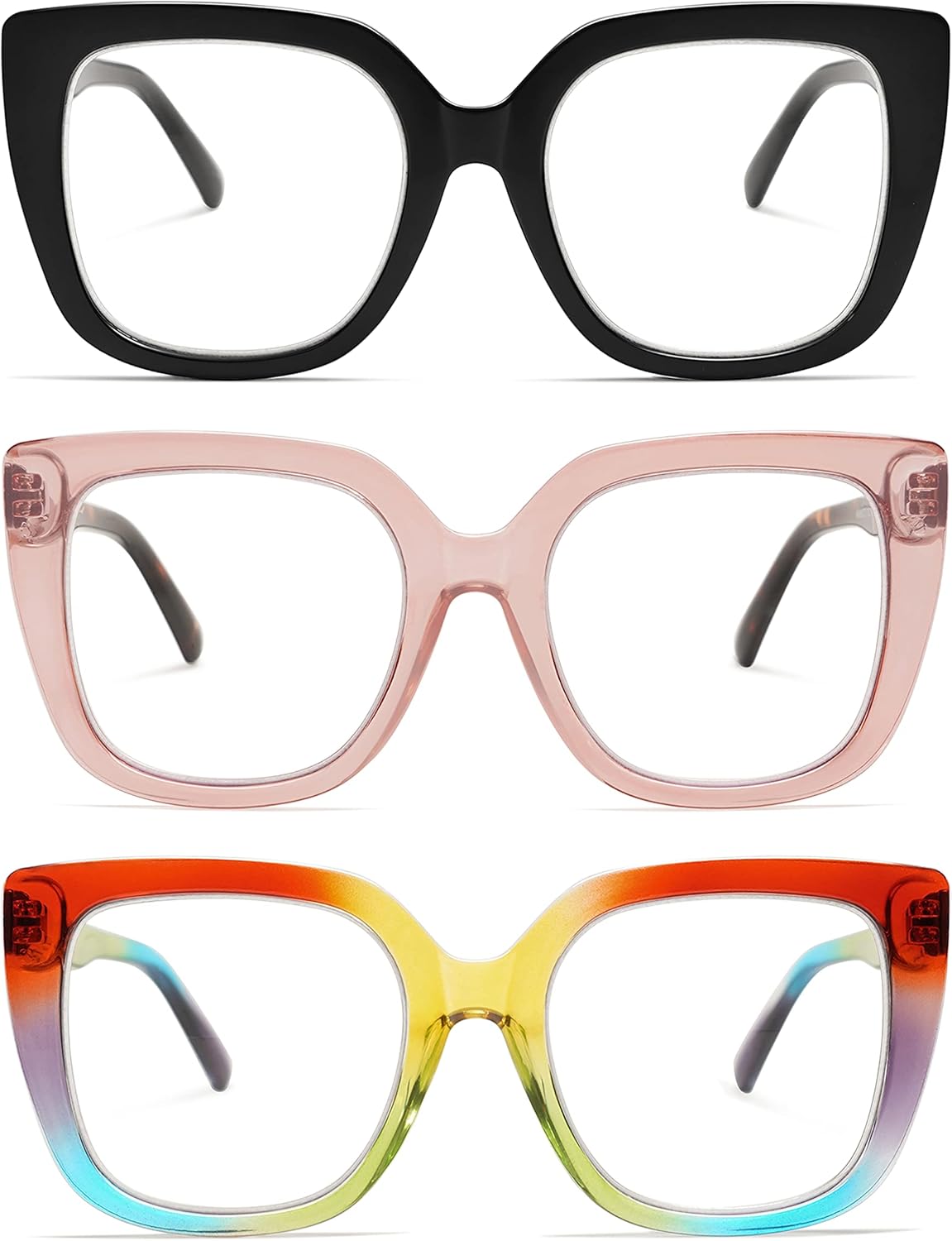 3-Pack Retro Oversized Square Reading Glasses for Women Large Stylish Blue Light Blocking Readers AM6072
