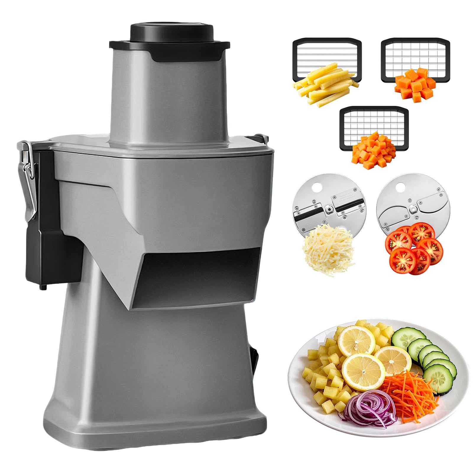 XUFWANYE 4 in 1 Electric Vegetable Slicer Dicer Shredder & Strip Cutter, Commercial Automatic Multifunctional Food Chopper for Veggies & Fruits, with Thickness Adjustable Blades