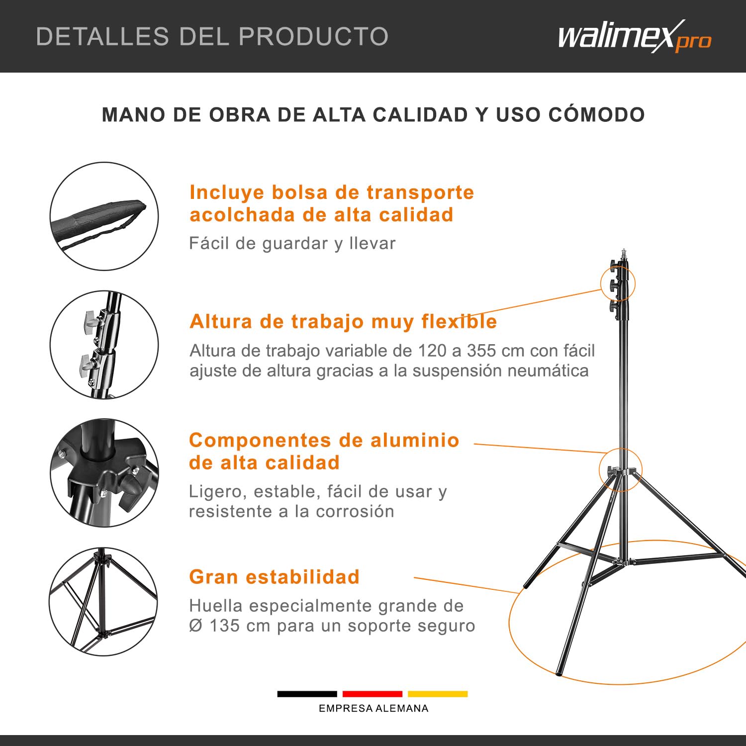 Walimex pro AIR 355 Soporte de luz - Trípode con suspensión de aire, altura máx. 355 cm, carga 8 kg, alto y estable, aluminio, para estudio de fotografía o exterior con bolsa