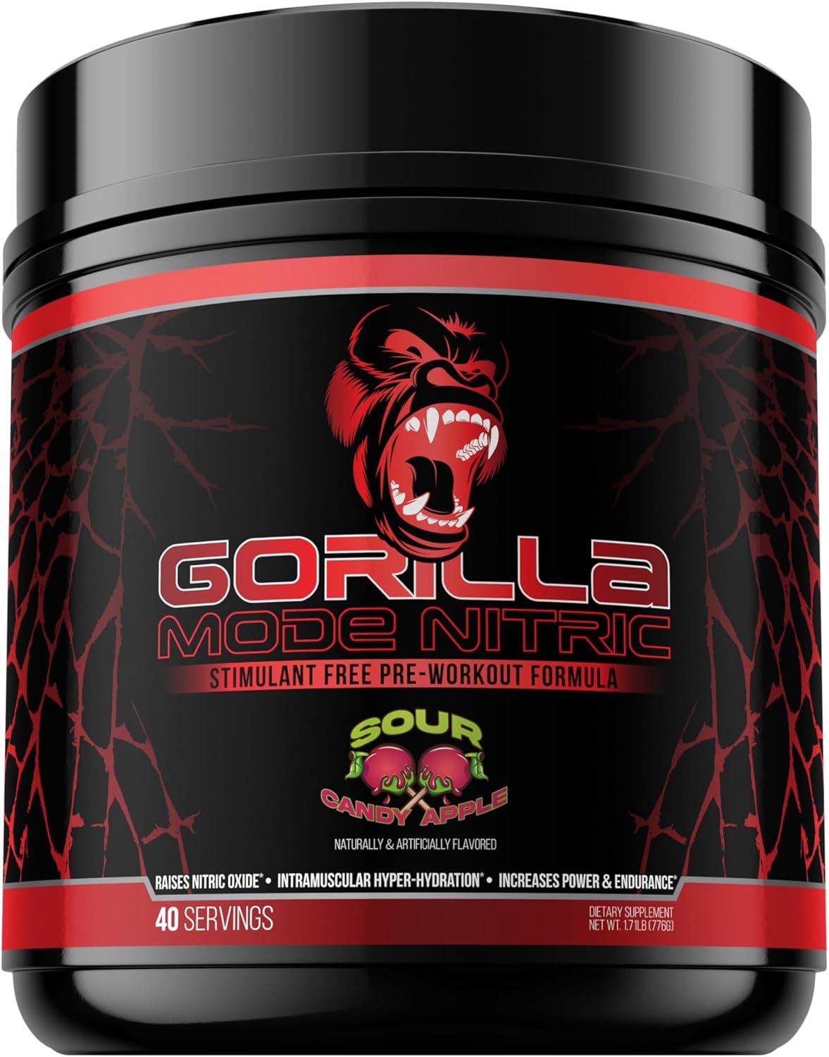 Gorilla Mind Nitric 1.0 Stimulant Free Pre-Workout Best Tasting and Most Effective, Massive Pumps Vasodilation Power, 776 Grams (Sour Candy Apple)