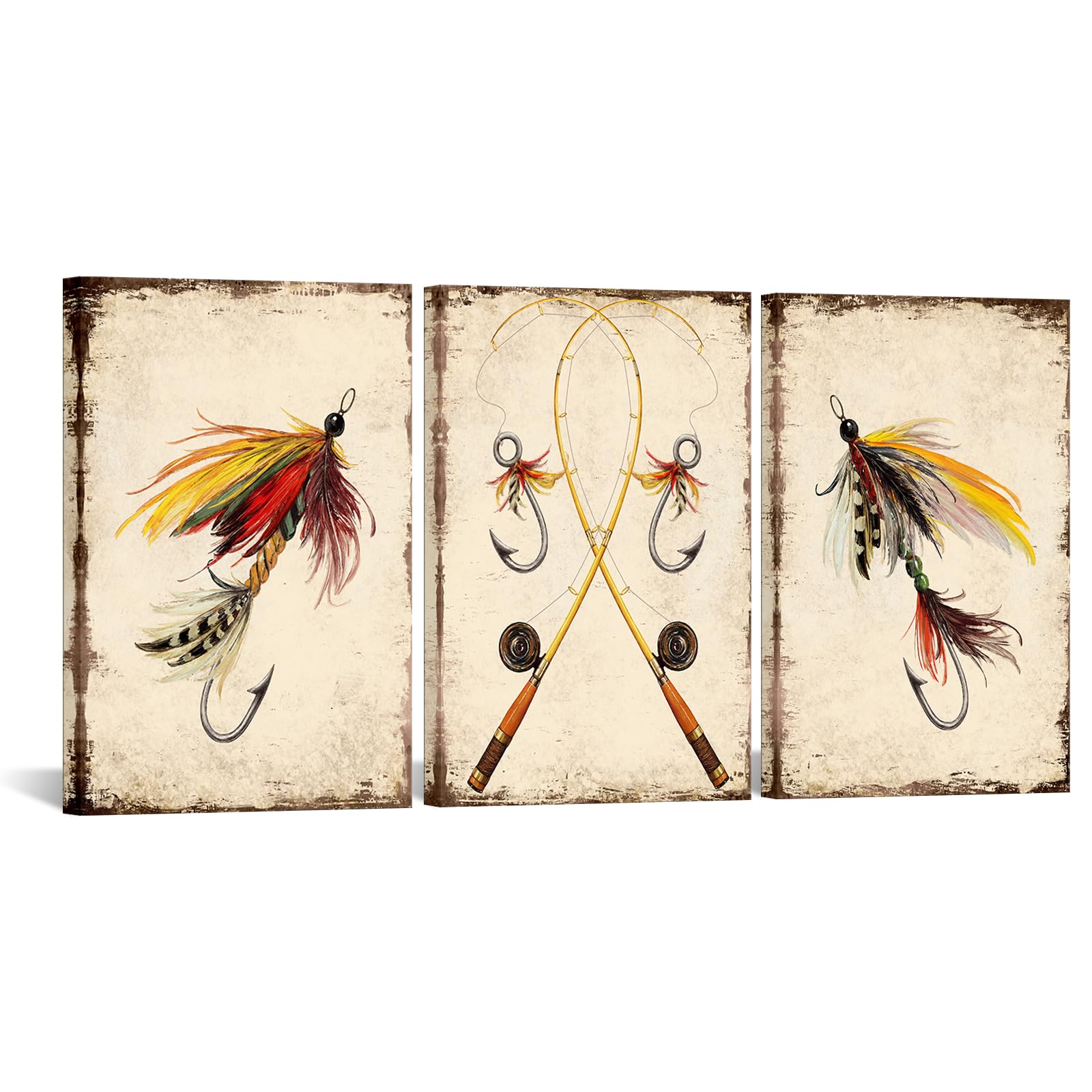 kreative arts 3 pieces vintage lake fishing lures wall art lake baits & flies canvas prints, fishing decor for bedroom, living room, man cave each panel16x24