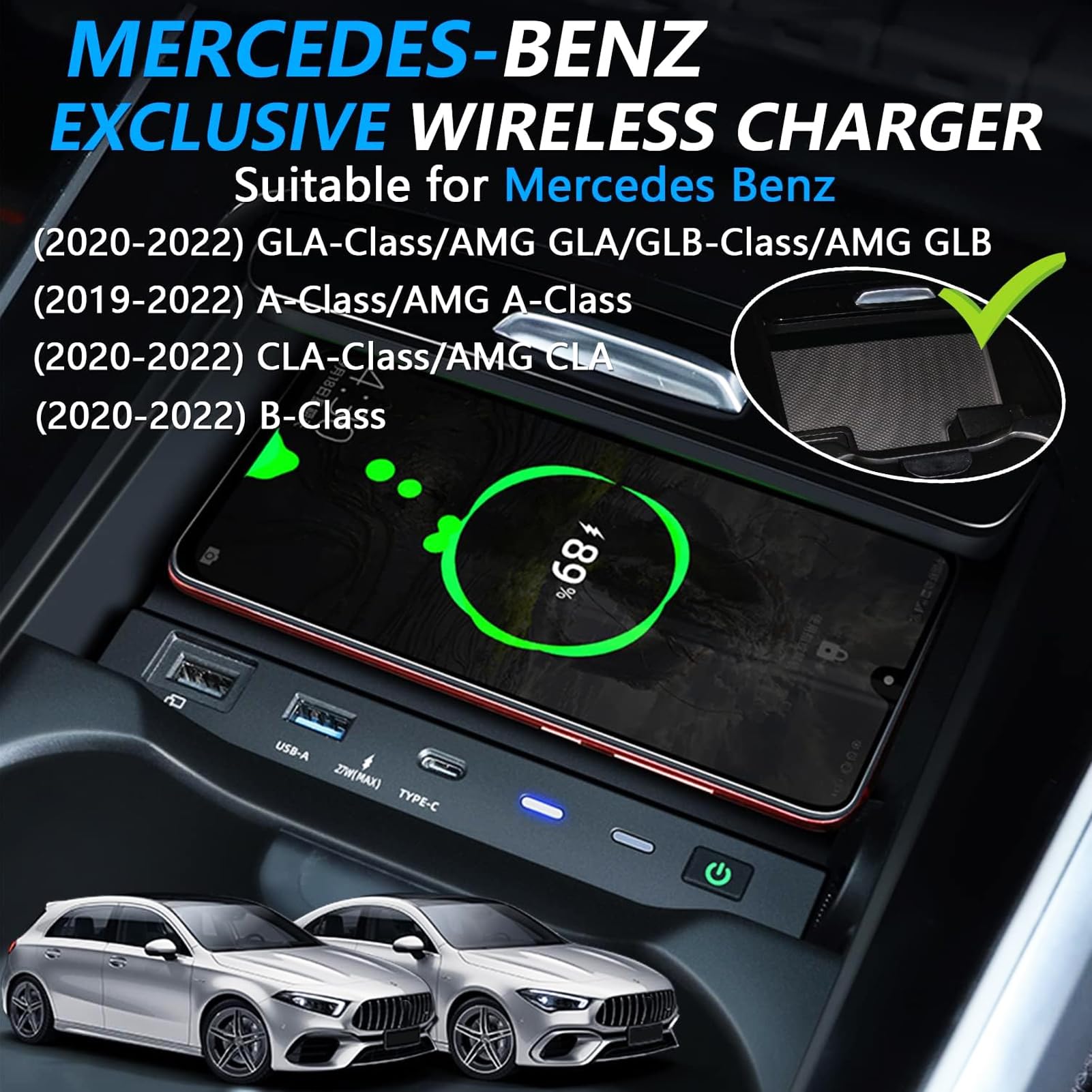 Bezprzewodowa ładowarka Samochodowa Telefonu do Mercedes-Benz A-Class B-Class GLA GLB CLA AMG 2019-2023, Konsola środkowa Akcesoria Podkładka ładująca, Szybka ładowarka do i-Phone Sam-sung