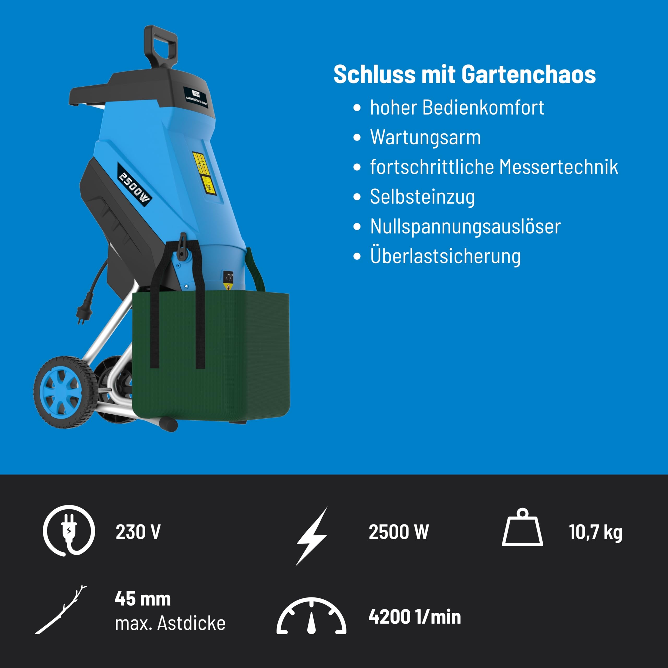 Güde Gartenhäcksler GH 2501 2500 W Messertechnik Selbsteinzug max. Astdicke 45 mm inkl. Fangsack 45 L