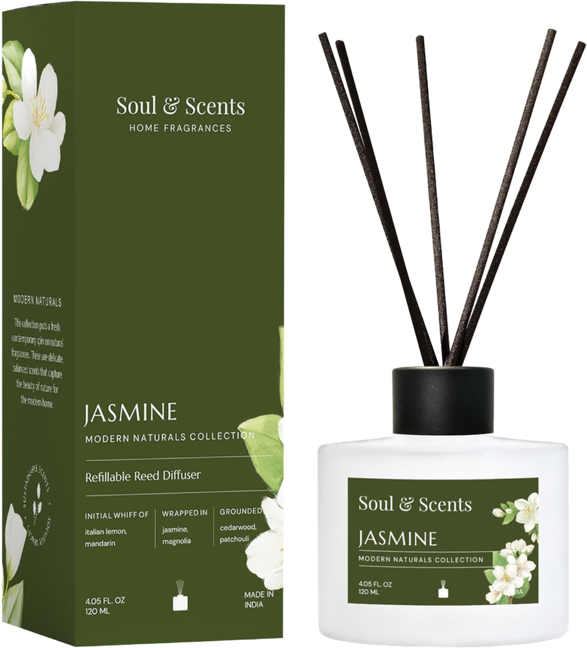 Soul & Scents Glass 120ml Jasmine Reed Diffuser Set | Free 6 Fiber Reed Sticks | Stress Relief & Aromatherapy | Long-Lasting, Smoke-Free Air Freshener for Home, Bedroom & Office | Ideal for Gifting