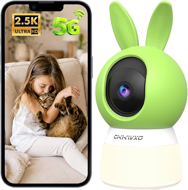 Cámara de seguridad interior con luz nocturna, 5MP 2.5K WiFi | Wi-Fi 5GHz, diseño de conejito lindo para monitoreo de bebé y mascotas, auto-seguimiento de movimiento, visión nocturna a color, conversación bidireccional, compatible con Alexa