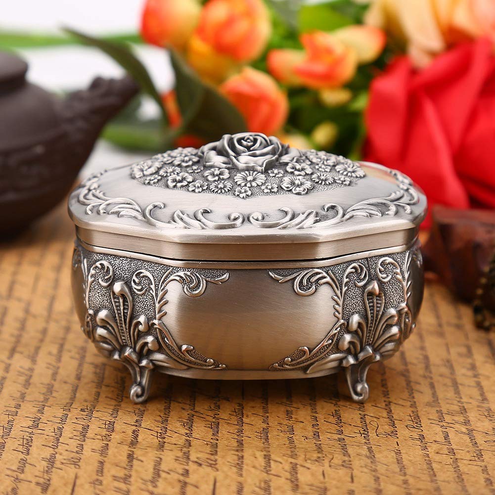 Boîte à Bijoux Vintage En Velours Rose - Collection En Alliage De Zinc - Cadeau - Motif Roses - Petit étui à Bijoux Antique En Alliage De Zinc - Boîte