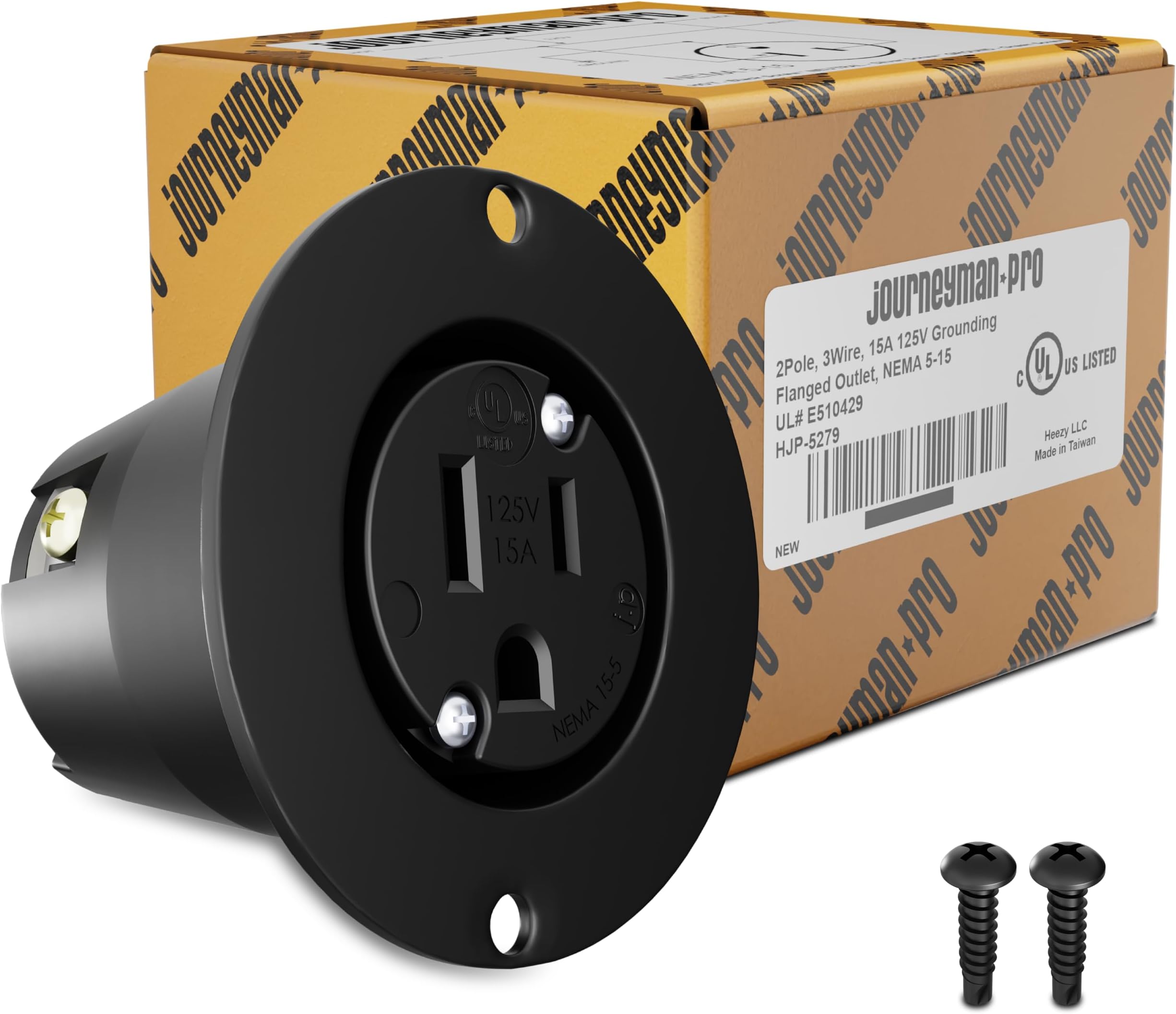 Journeyman-Pro 5279 15 Amp 120-125 Volt, NEMA 5-15 Flanged Outlet, Black Commercial Grade, 2 Pole-3 Wire, Straight Blade Plug Charger Receptacle (No Cover/Cap)