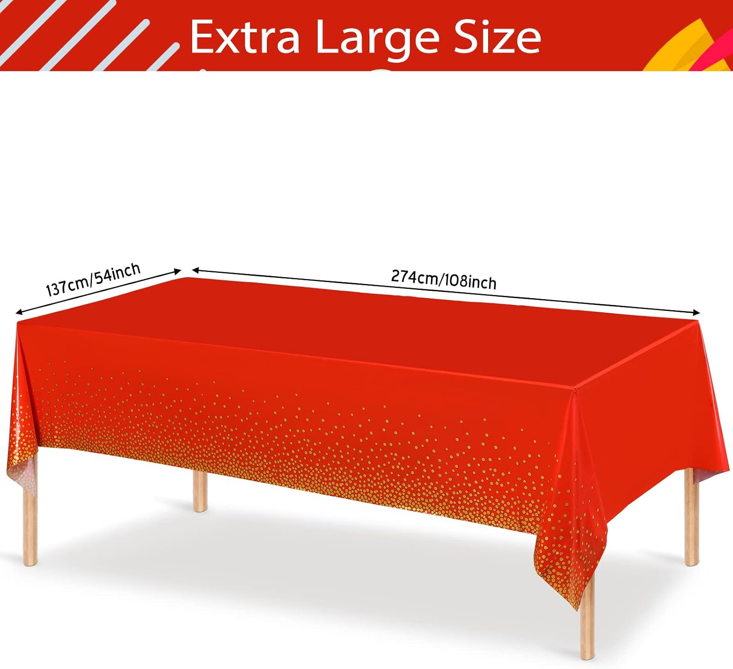 Breling 3 Pieces Dot Tablecloth Confetti Rectangle Plastic Disposable Table Cover for Birthday Wedding Baby Shower Engagement Anniversary Bachelorette Party, 54 x 108 Inch (Red and Gold)