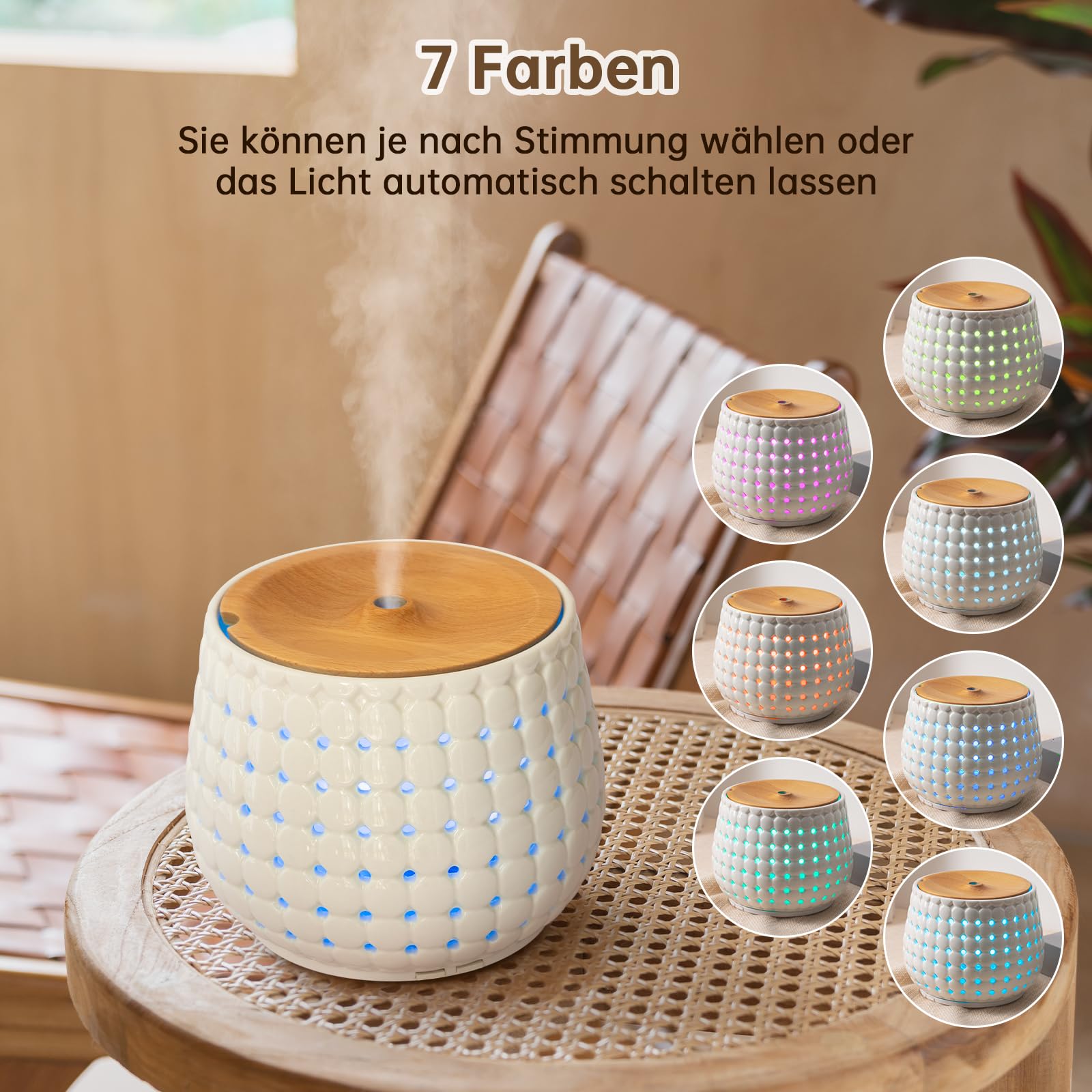 Weißer Keramik-Öl-Diffusor für ätherische Öle großen Raum, 250ml Aromatherapie-Öl-Diffusor kühlen Nebel Luftbefeuchter mit 7 Farben Lichter 2 Nebel-Modi