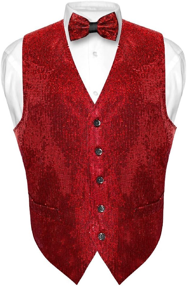 Vesuvio Napoli Men's SEQUIN Design Dress Vest & Bow Tie RED Color BOWTie Set for Suit Tux