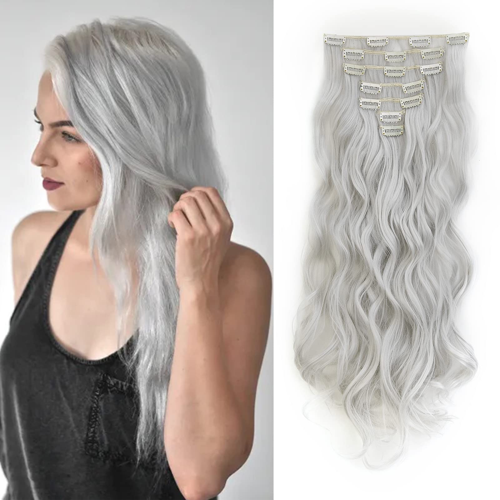 Gairyan Extension Capelli Clip 7 Pezzi Set Clip in Hair Extensions Ondulati Posticci per Capelli Finti Extension con Clip Naturali Sintetici Parrucchino Lungo Ricci Mossi 50cm per Donna, Grigio chiaro