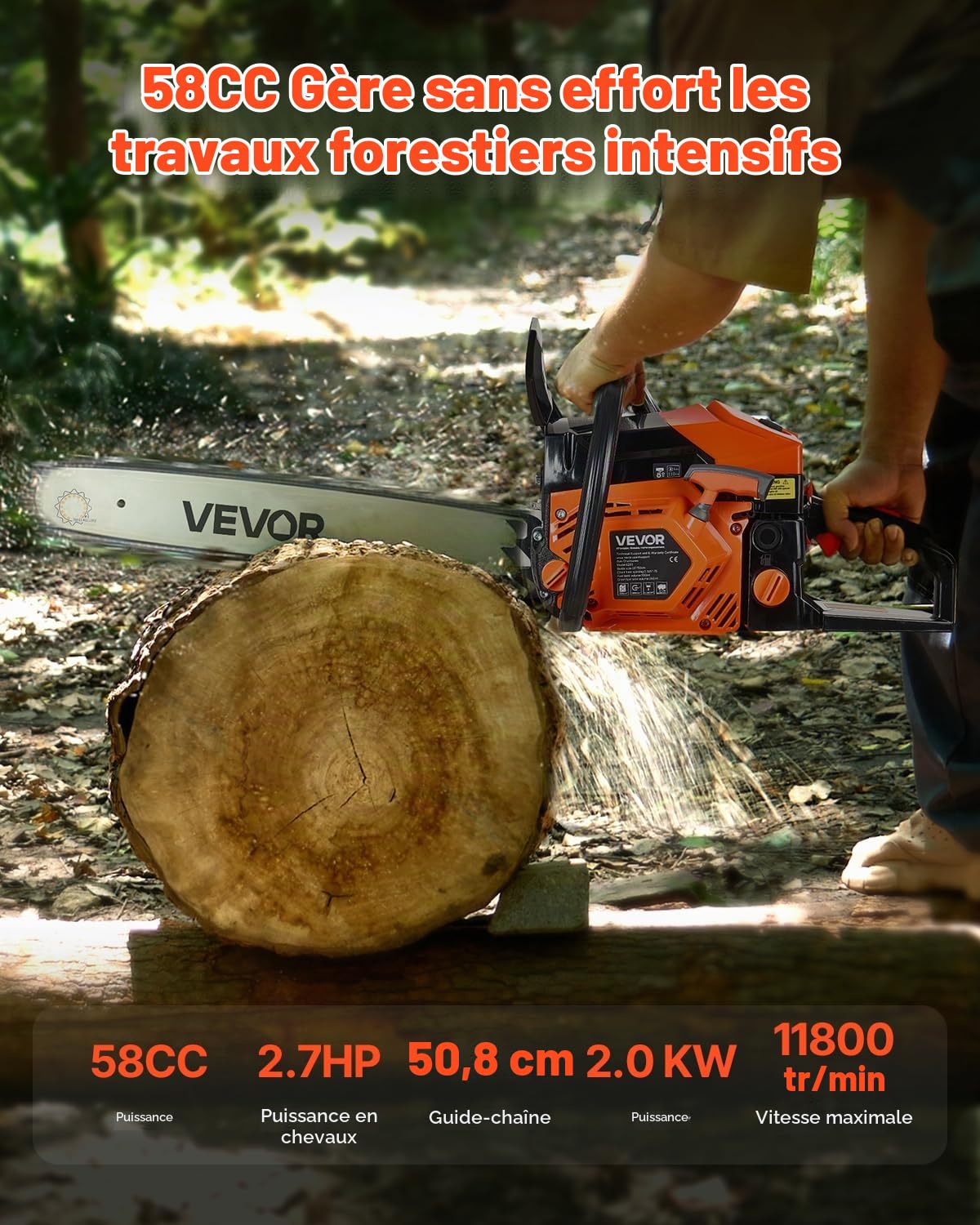 VEVOR Tronçonneuse à Essence 508 mm, Tronçonneuse Thermique 58 cc, 2,0 kW, avec Poignée Antidérapante, Double Réservoir de Carburant, pour Coupe de Bois, Élagage de Branches des Arbres, Défrichement
