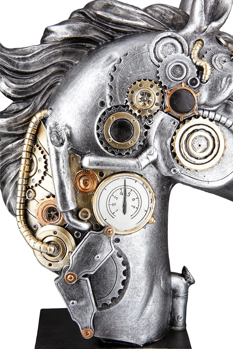 Casablanca dekoracyjna rzeźba figurka steampunk koń z żywicy syntetycznej - akcesoria do salonu - prezent - kolor: srebrny miedź - wysokość 34 cm