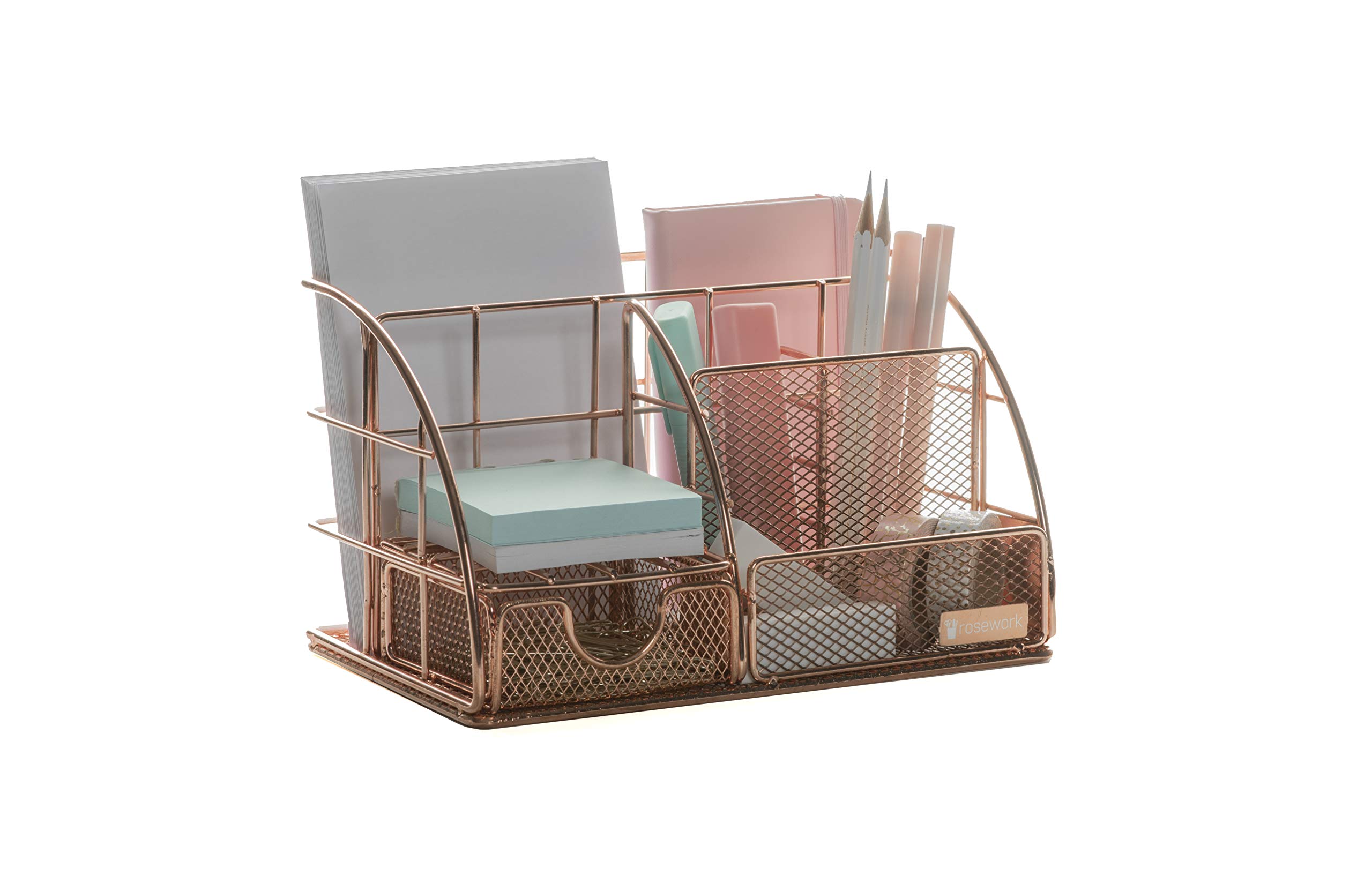 Rosework Rose Gold Desk Organizer | Drawer + Pen & Pencil Holder | 6 Compartments | Exclusive Rose Gold Edition