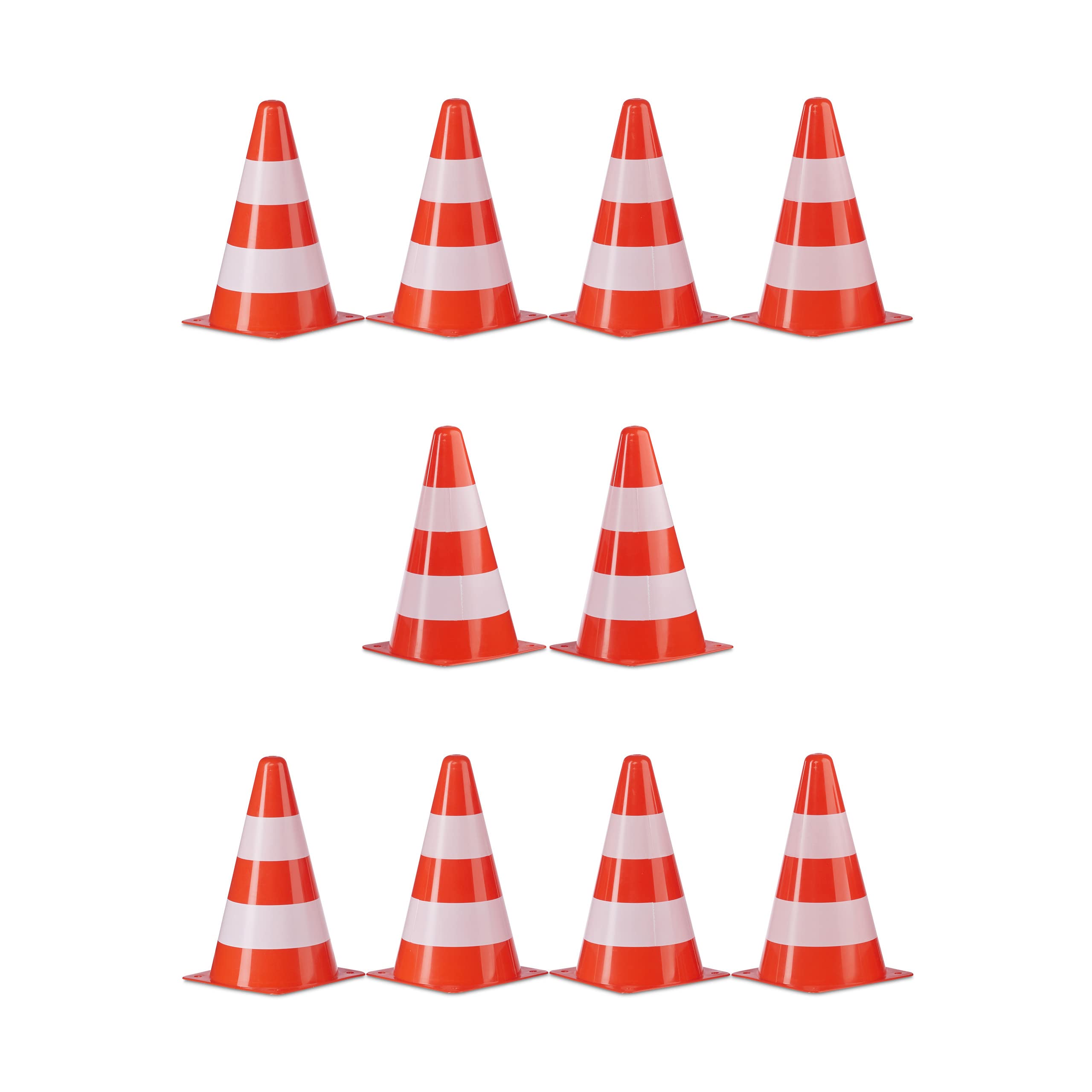 Relaxdays Warnkegel 10er Set, stapelbar, Verkehrshütchen, orange/weiß | Schnürbeutel, Markierungshütchen, Pylonen, 22 cm