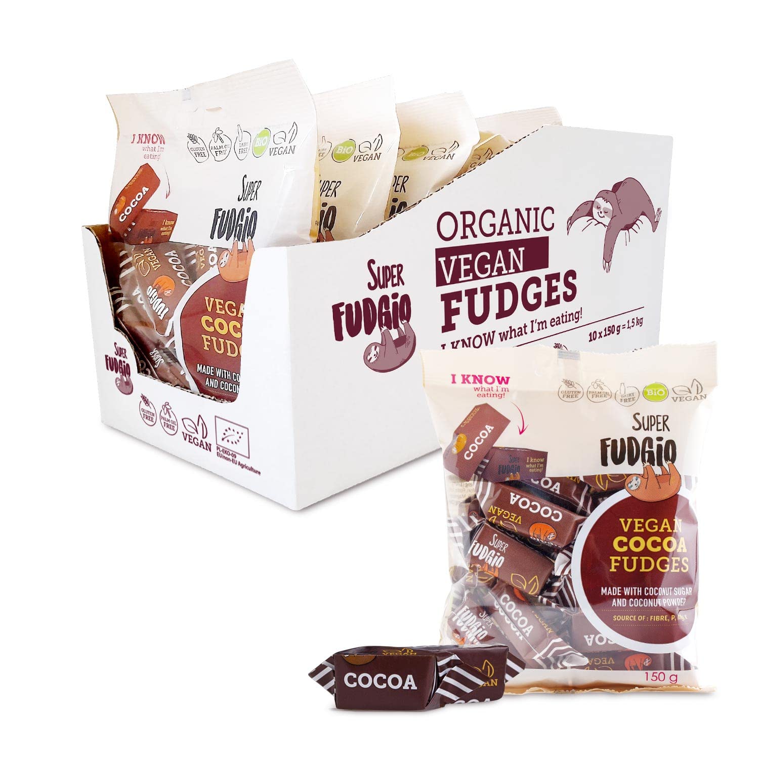 SUPER FUDGiO Bio Bonbons -Kakao – Vegan und Glutenfrei ohne Palmöl - mit 100% Bio Kokosmilch und Kokosnusszucker | 10 X 150g Multipack