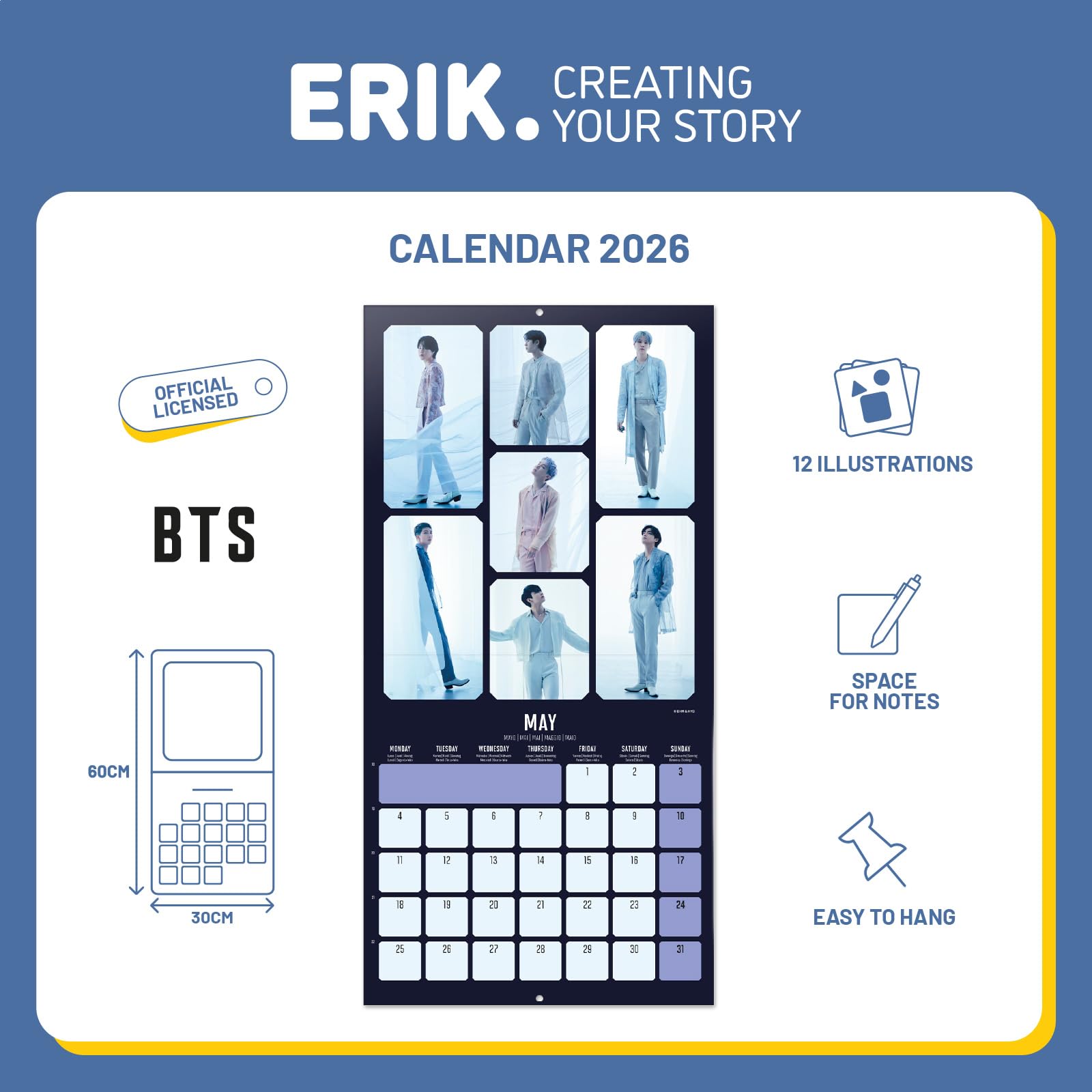 Grupo Erik Wall Calendar 2026 - BTS Calendar 2026 Official | Square 30 x 30 cm - 12 x 12 inches Wall Planner, Family Planner Month To View | Merchandise BTS Gifts For Friends
