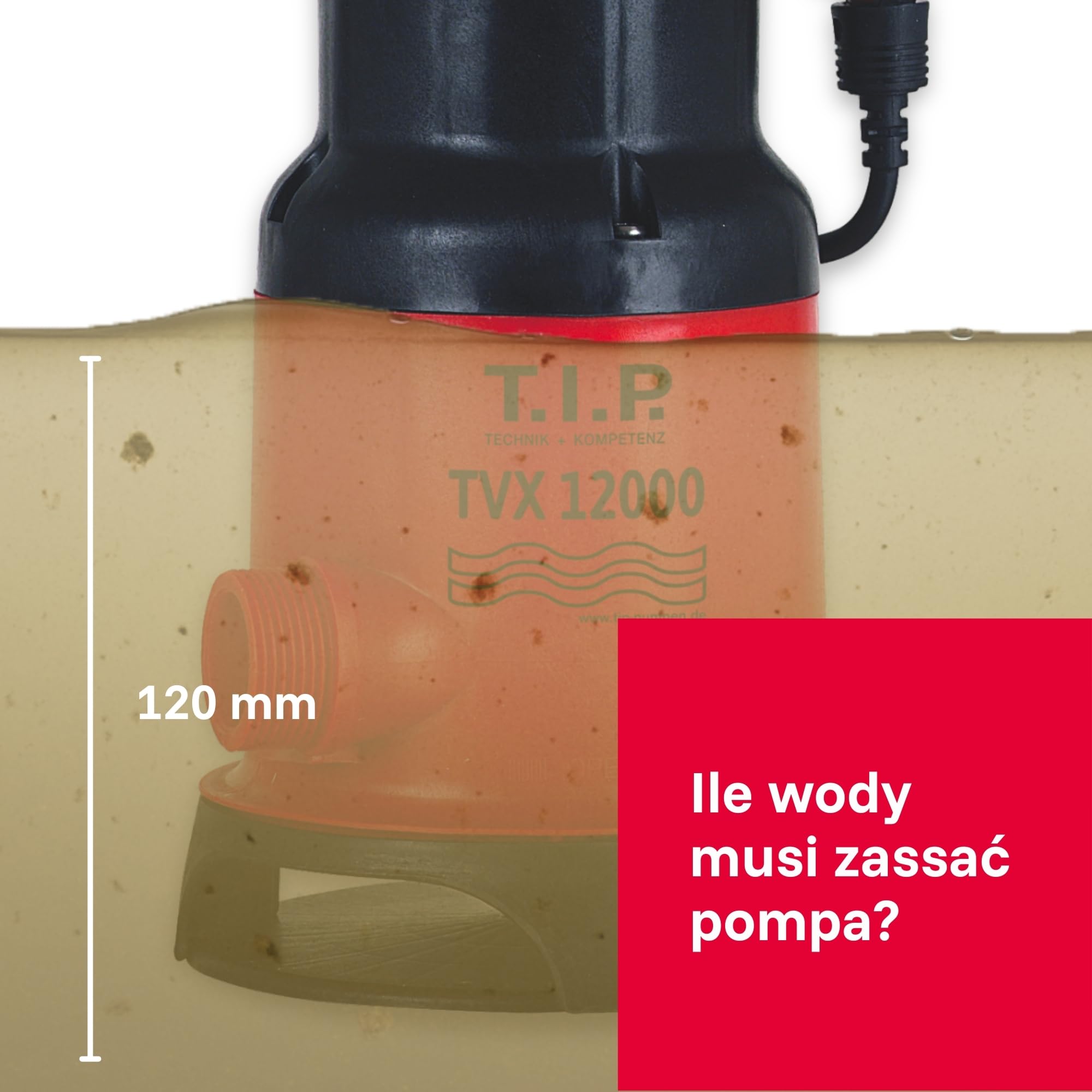 T.I.P. Pompa Zanurzeniowa do Brudnej Wody TVX 12000 – Silnik 480W, Wirnik VORTEX, 10 800 l/h, maks. 6m, Automatyczny Pływakowy Wyłącznik