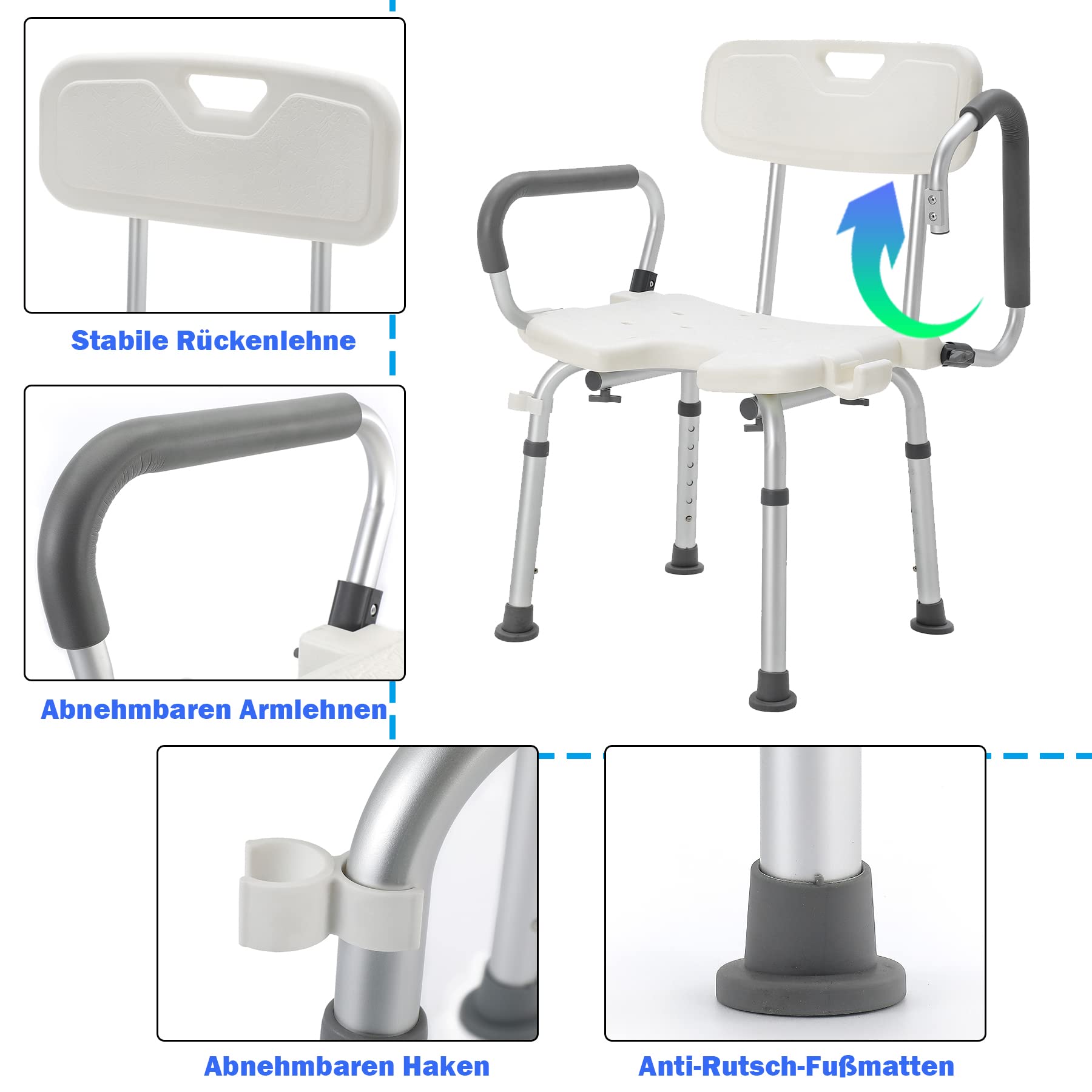 Froadp Antypoślizgowy taboret prysznicowy, aluminiowy, 73,5-86 cm, z regulacją wysokości, taboret łazienkowy z podłokietnikami i oparciem, mobilna pomoc pod prysznic, obciążenie maks. 150 kg, dla