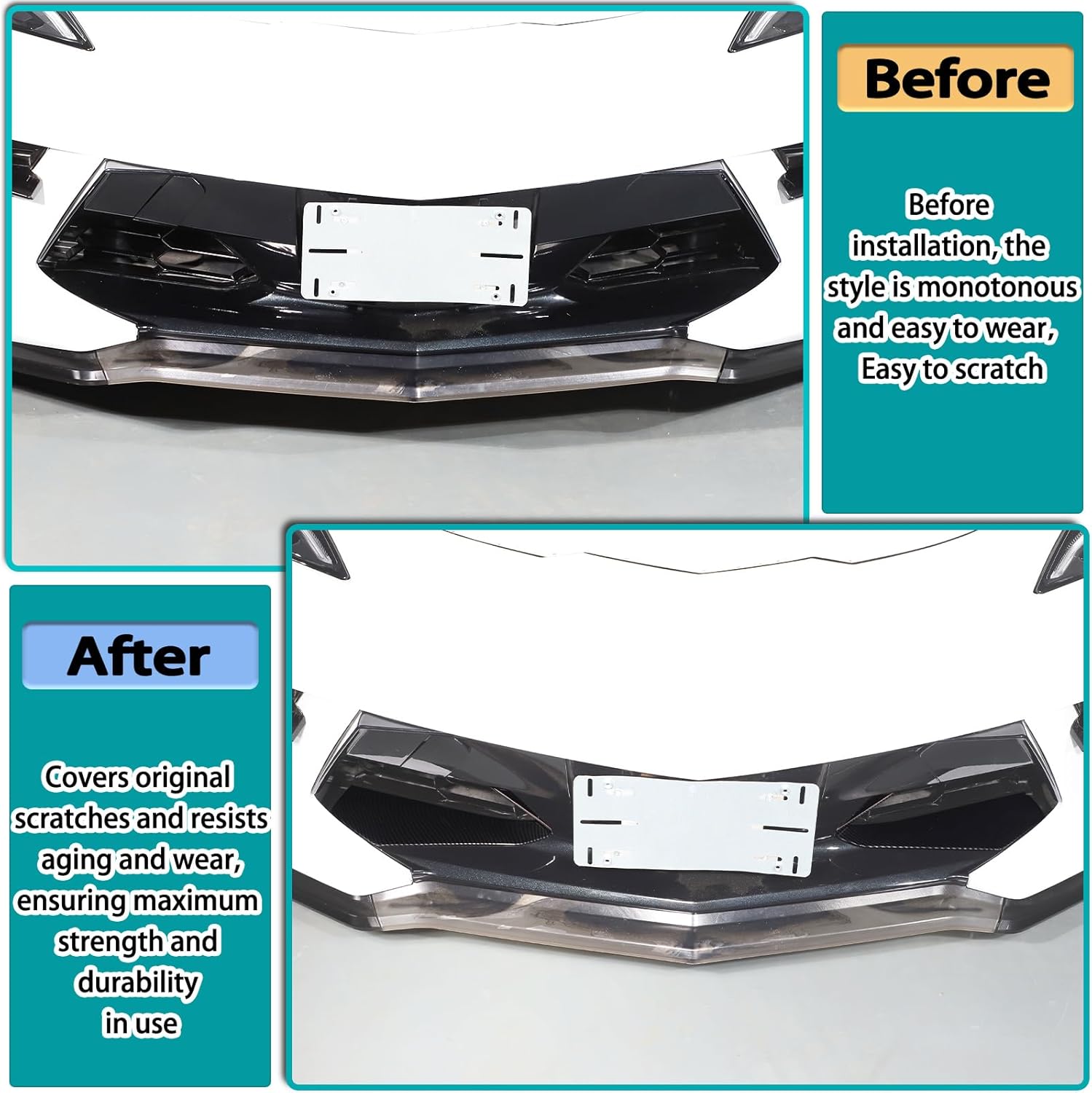 Car Front bumper middle air intake grille decorative frame Compatible with Corvette C8 2020-2023 Front radiator protection accessories sticker (ABS，Carbon Fiber Pattern)