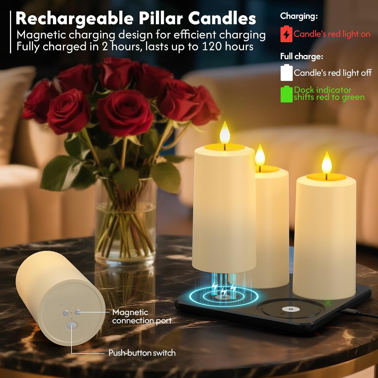 PChero Rechargeable Flameless Candles with Remote & Magnetic Charging Base, Outdoor Waterproof Battery Operated Pillar Candles, 4 Pack LED Fake Candles, Long Lasting, 2.76" D x 5.12" H