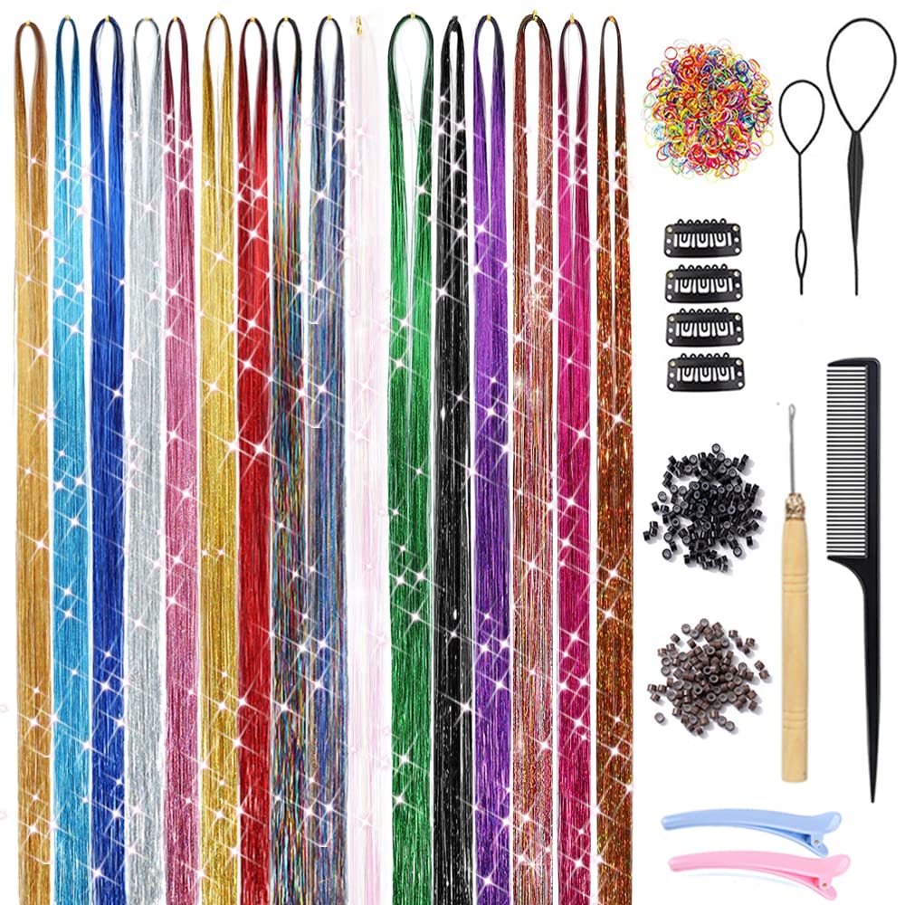 Hair Tinsel Kit with Tools 16 Colors 3200 Strands Hair Tinsel Heat Resistant Tinsel