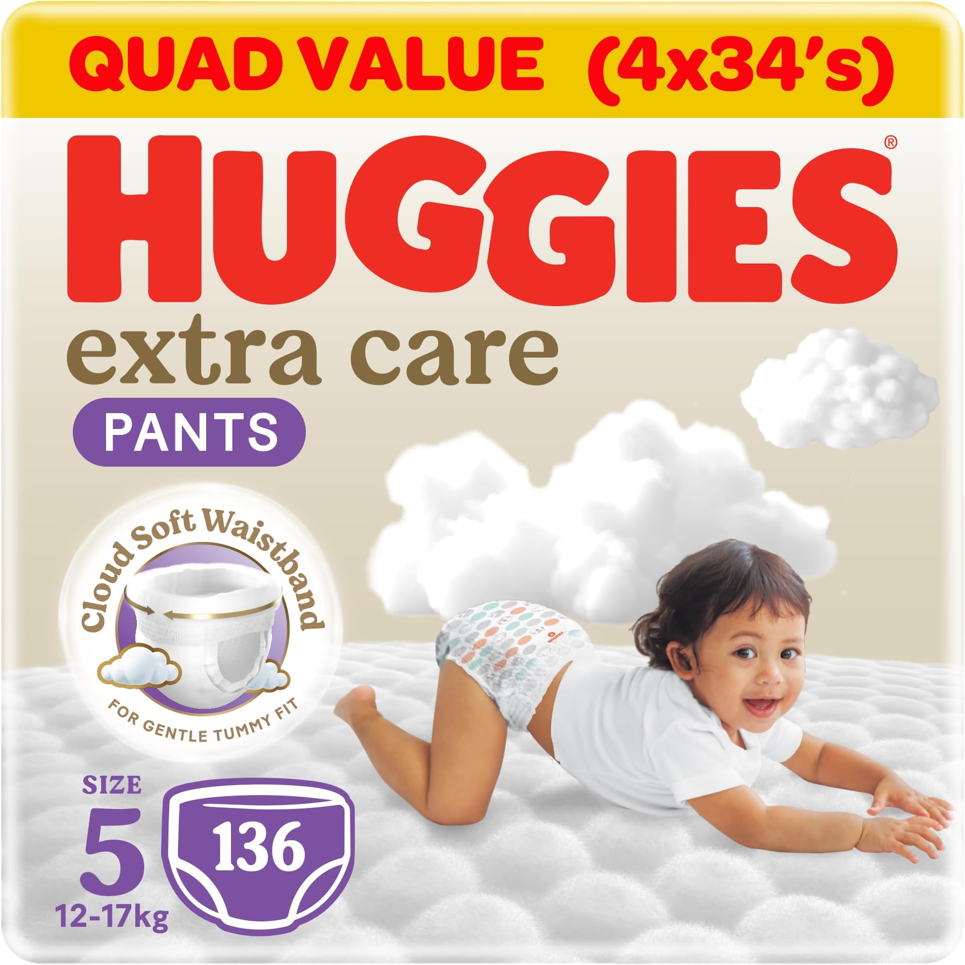 Huggies Extra Care Baby Culottes, Size 5 (12-17 kg), Super Mega Pack, 136 Diaper Pants