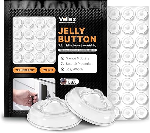 Vellax Parachoques transparentes para puerta de gabinete, 128 piezas, amortiguación de sonido mejorada, puntos de silicona adhesivos, almohadillas