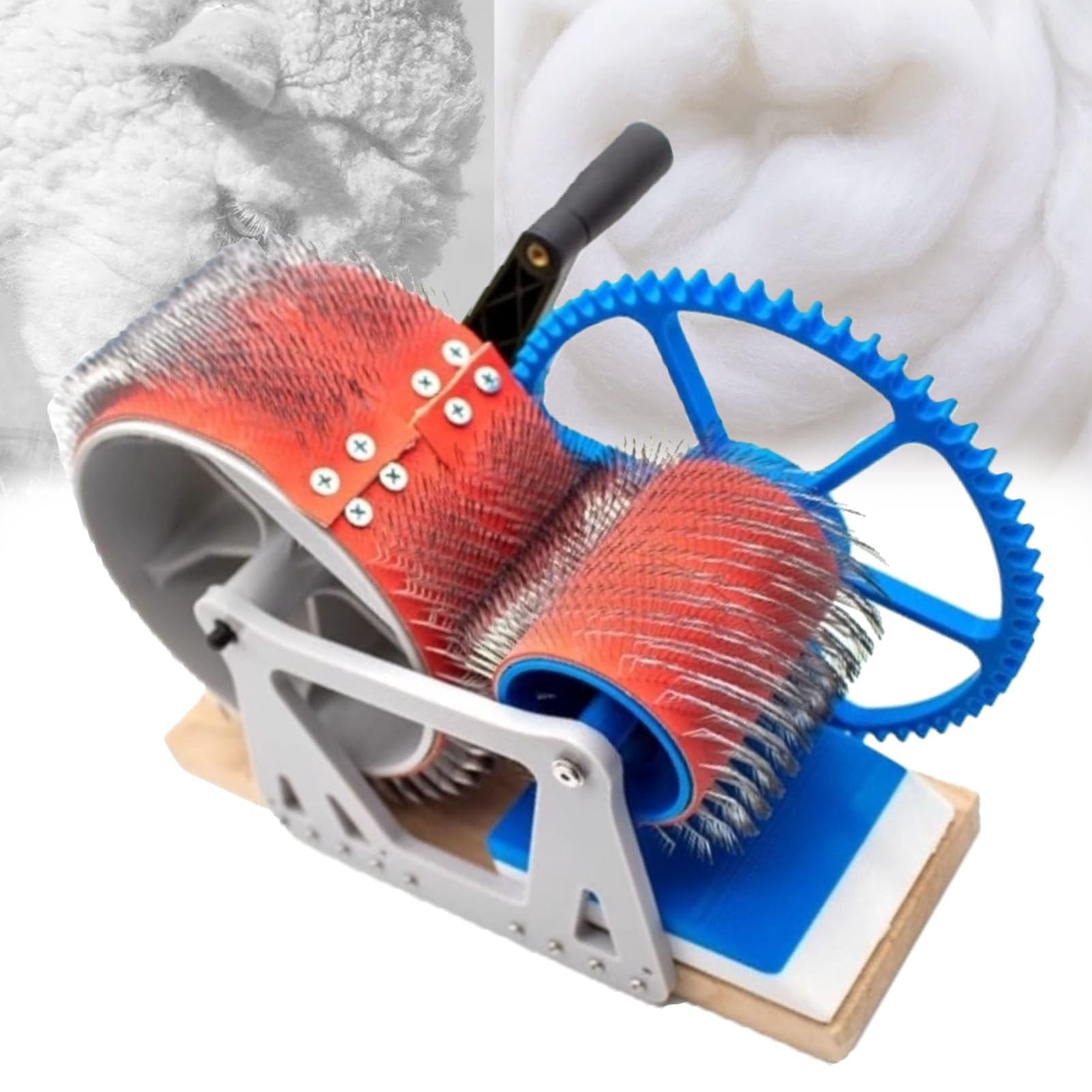 Pfps Manual Wool Felt Drum Carder with Hand Crank, Wooden Blending Board, Compact Wool Combing Machine for Removing Impurities, Spinning Fiber Whiteblue