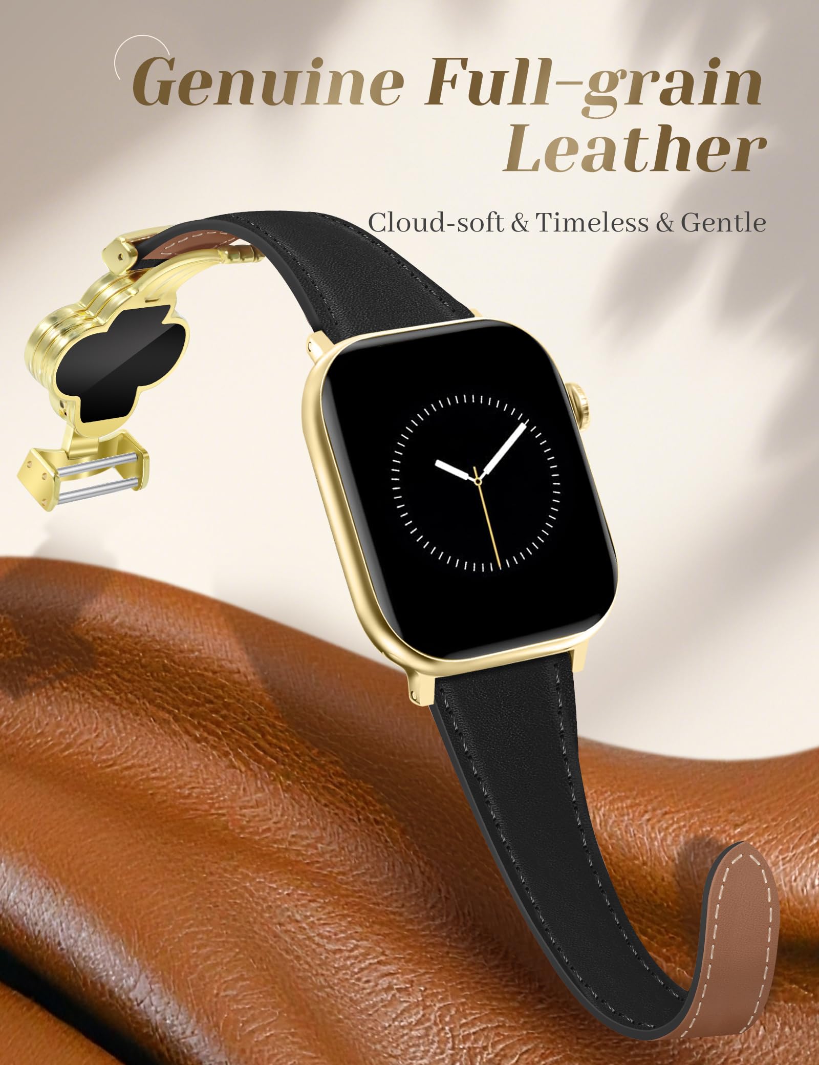 MOINSPIRE Designerschmale Leder-Armbänder für Damen, Glückskleeblatt Hübsches Schickes Magnet-Armband für die iWatch, kompatibel mit Apple Watch Series 11/10/9/8/7/6/5/4/3/2/1 SE 1/2/3 Ultra 1/2/3