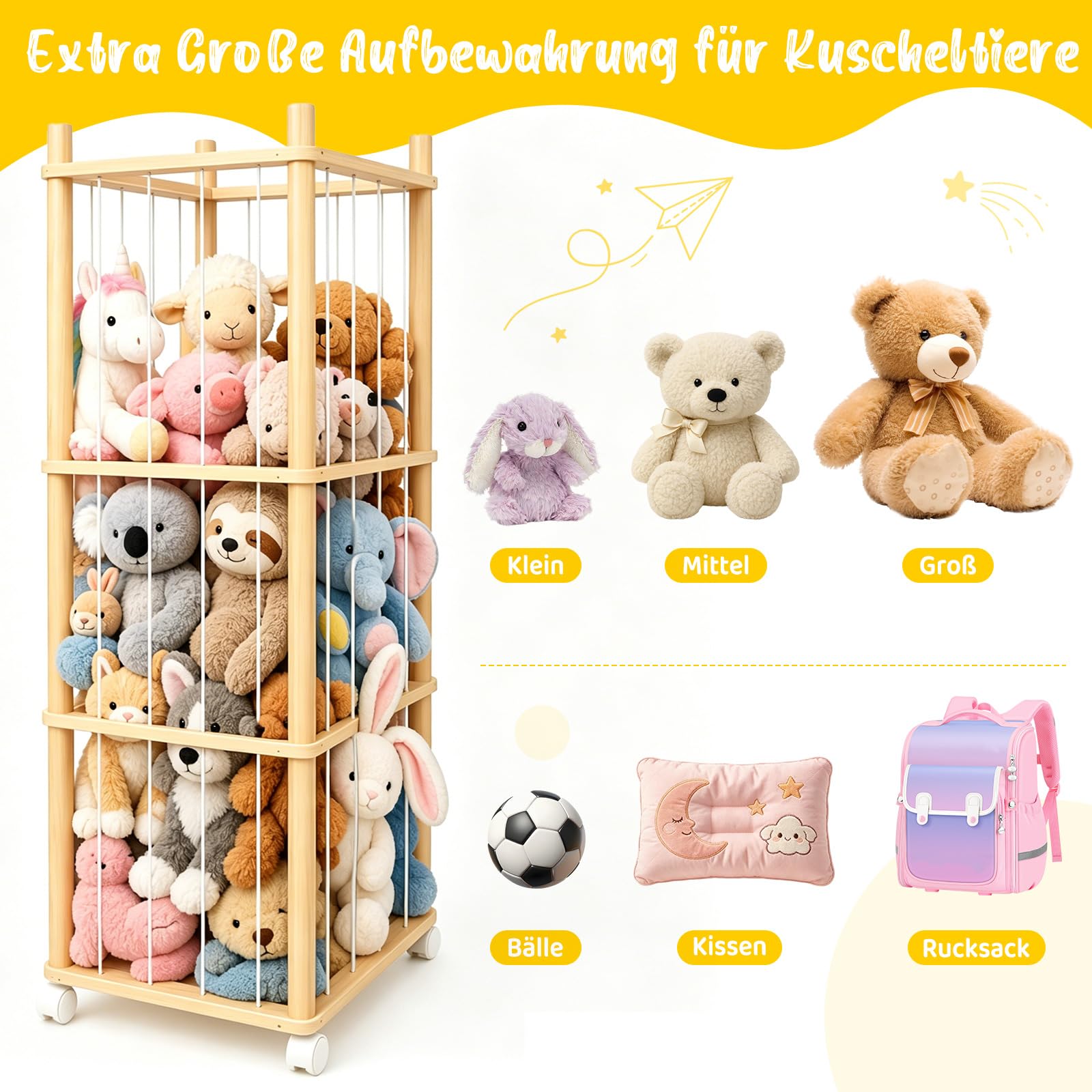 Kuscheltier Aufbewahrung, Stofftier Aufbewahrung mit 360°Drehrollen, Elastischem Band & Verbreiterter Sockel für Kinderzimmer Spielzimmer Schlafzimmer