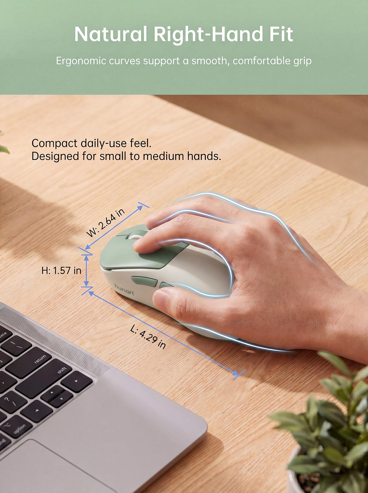 hunart H6 49 g mouse wireless, Bluetooth e mouse ricaricabile 2,4 GHz, leggero mouse ergonomico silenzioso con ricarica USB-C, mouse portatile da ufficio destro per laptop, PC, MacBook, tablet, verde