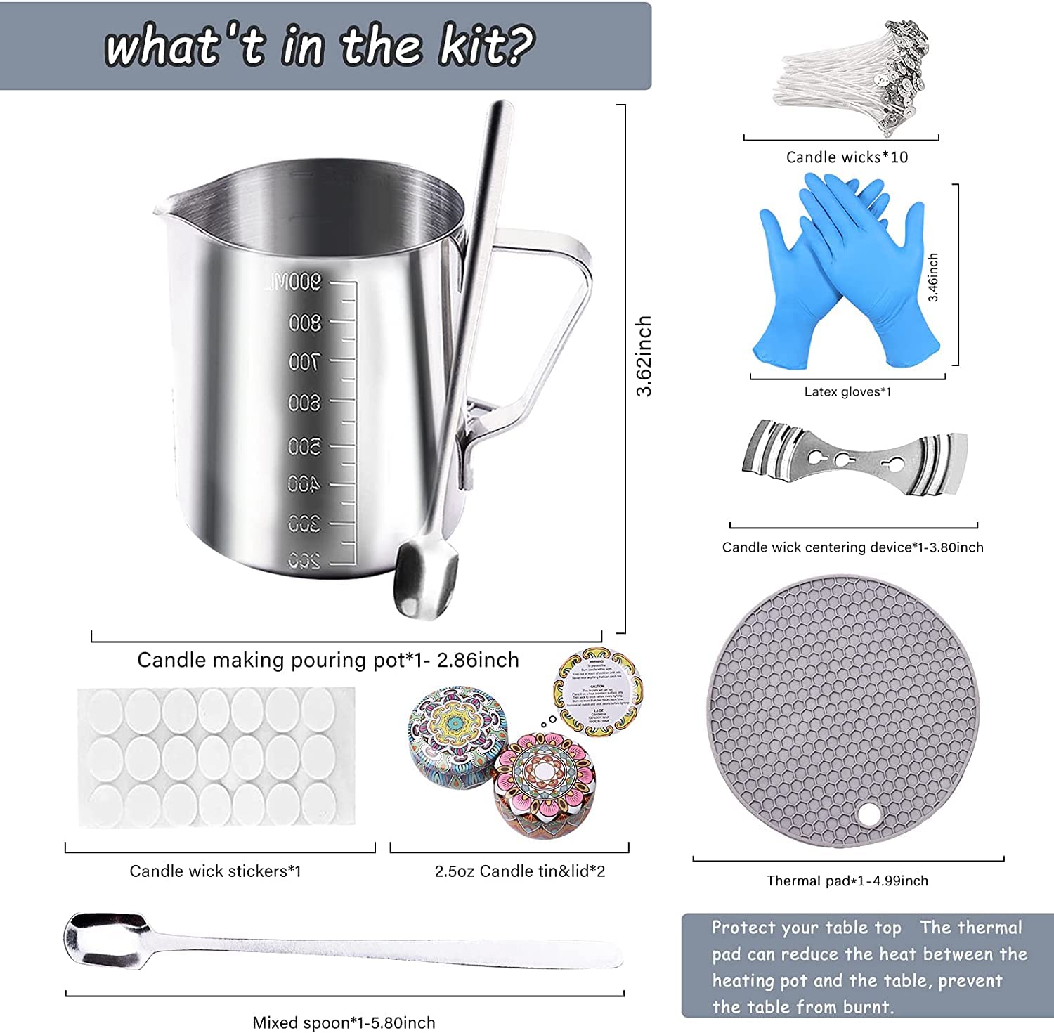 LCPKUTTR Complete Candle Making Set Include Pouring Pot Wick Centering Device Candle Tin Mixed Spoon Sticker and Thermal Pad for Starter DIY Candle Craft THD-1210