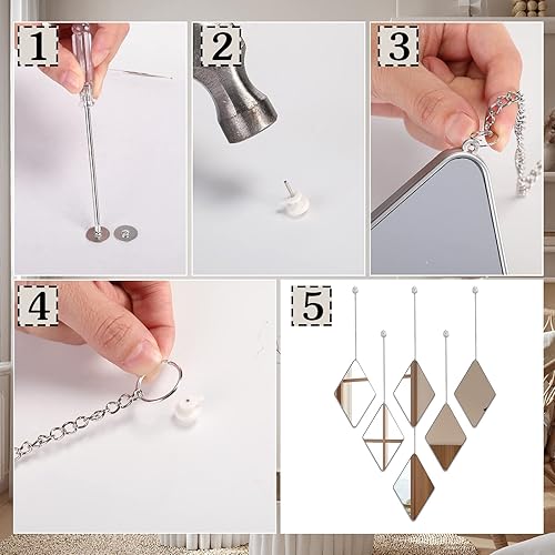 Miniatura 4 de Juego de 6 espejos de decoración de pared con 2 destornilladores, espejo de pared colgante de diamante con cadena y marco plateado, espejo de cadena
