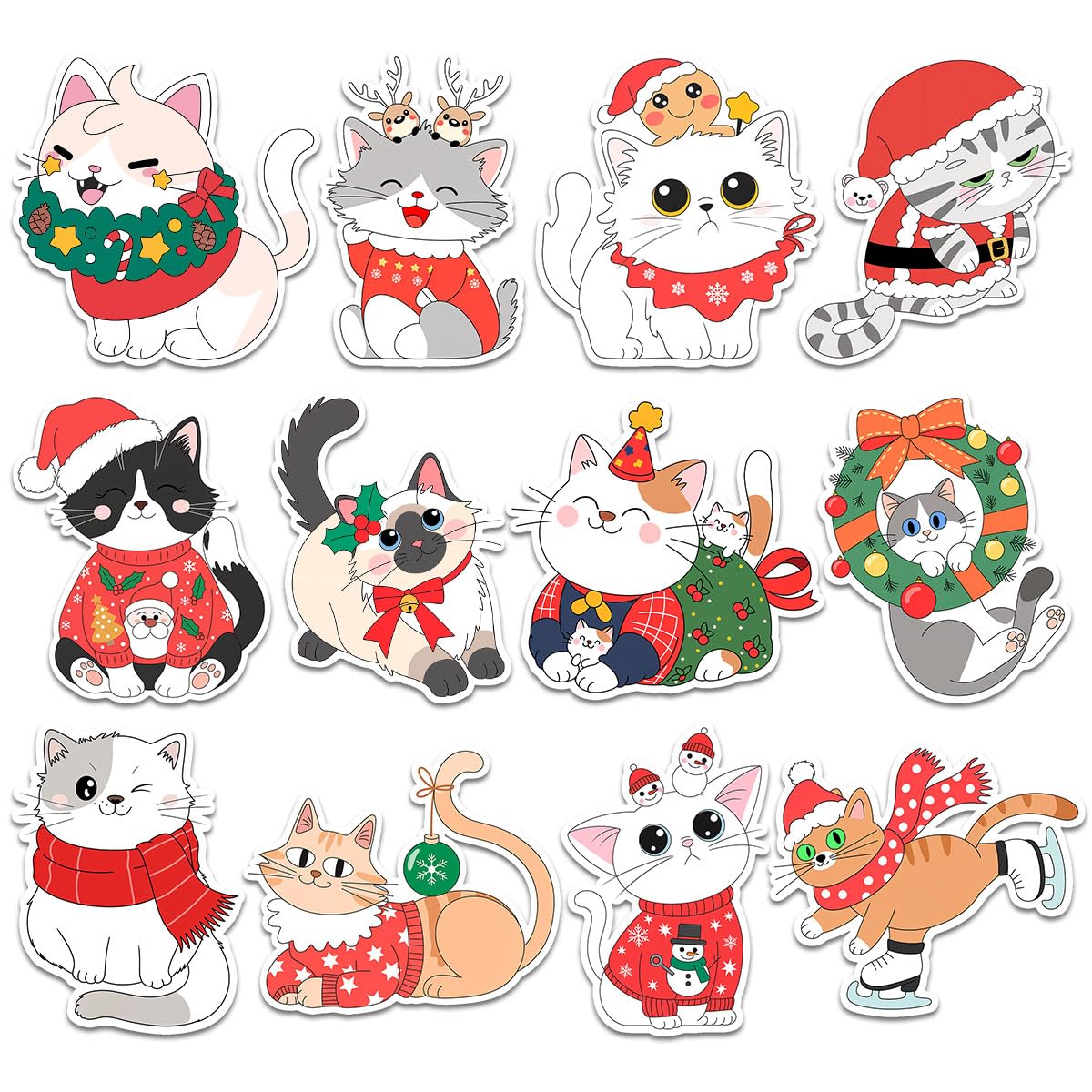 Set di 12 adesivi natalizi a forma di gatto, con cappello di Babbo Natale, maglione, sciarpa, ornamento, ghirlanda, decorazioni festive, adesivi in vinile per laptop, bottiglia d'acqua, telefono