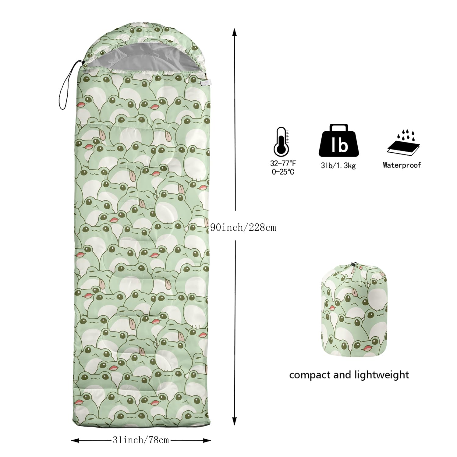 AILONEN Frog Print Sleeping Bag for Kids Girls Boys Adults Outdoor Camping Hiking Travel Portable Compression Lightweight & Waterproof Microfiber with Compact Carrying Bag