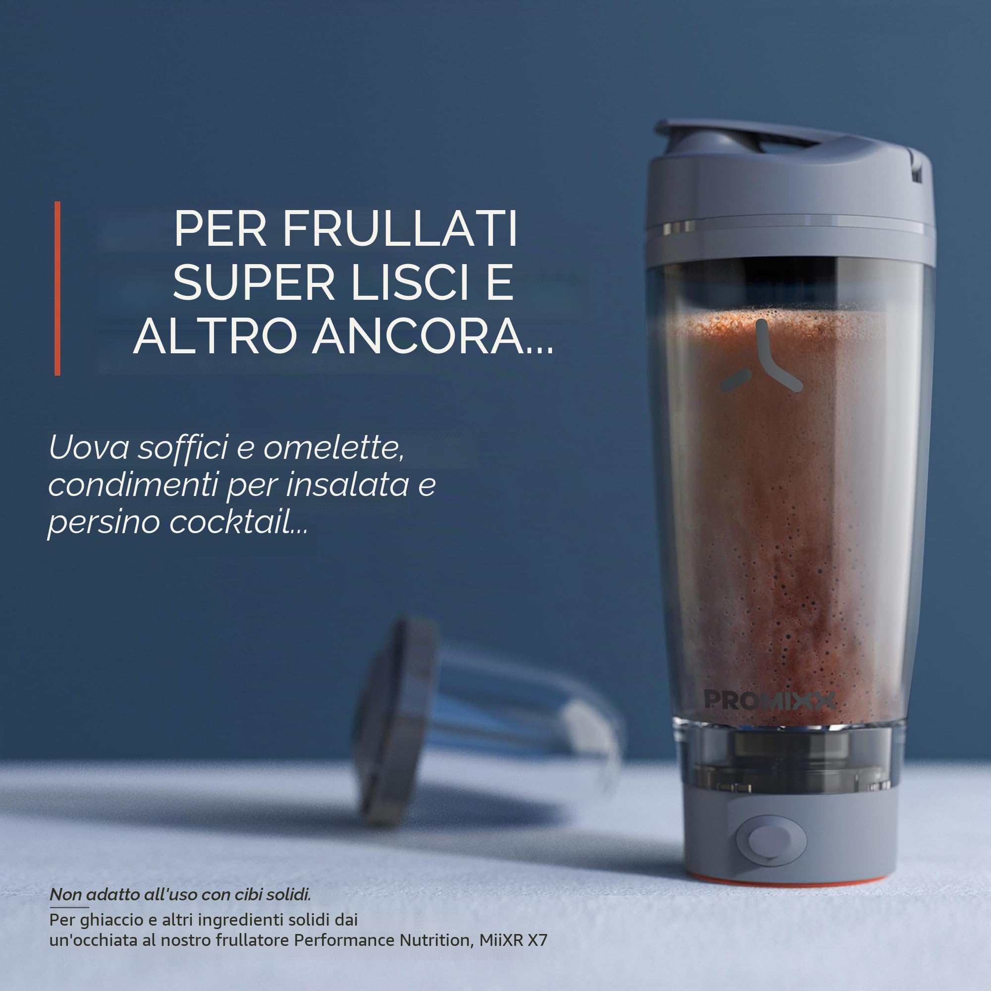 Promixx Pro Shaker Elettrico – 600ml – Acciaio Inox Mixer Vortex Ricaricabile USB-C con X-Blade e Contenitore Integratori – Shaker Senza BPA Facile da Pulire per Fitness e Viaggi – Argento/Grigio