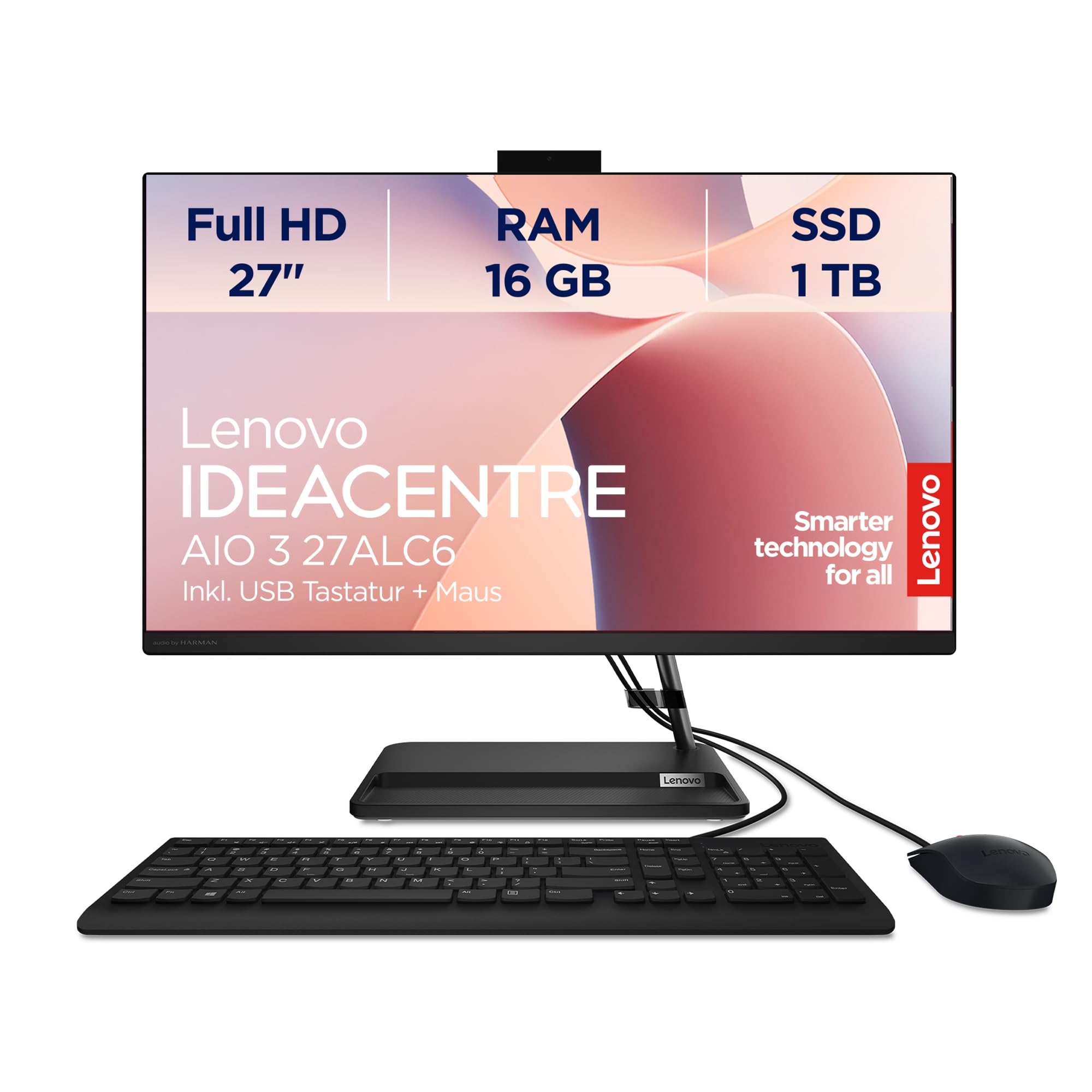 Lenovo IdeaCentre All-in-One 3 PC | 27" Full HD Display | AMD Ryzen 5 7430U | 16GB RAM | 1TB SSD | AMD Radeon Grafik | Windows 11 | Schwarz | Ink. USB Tastatur-Maus | 3 Monate Premium Care