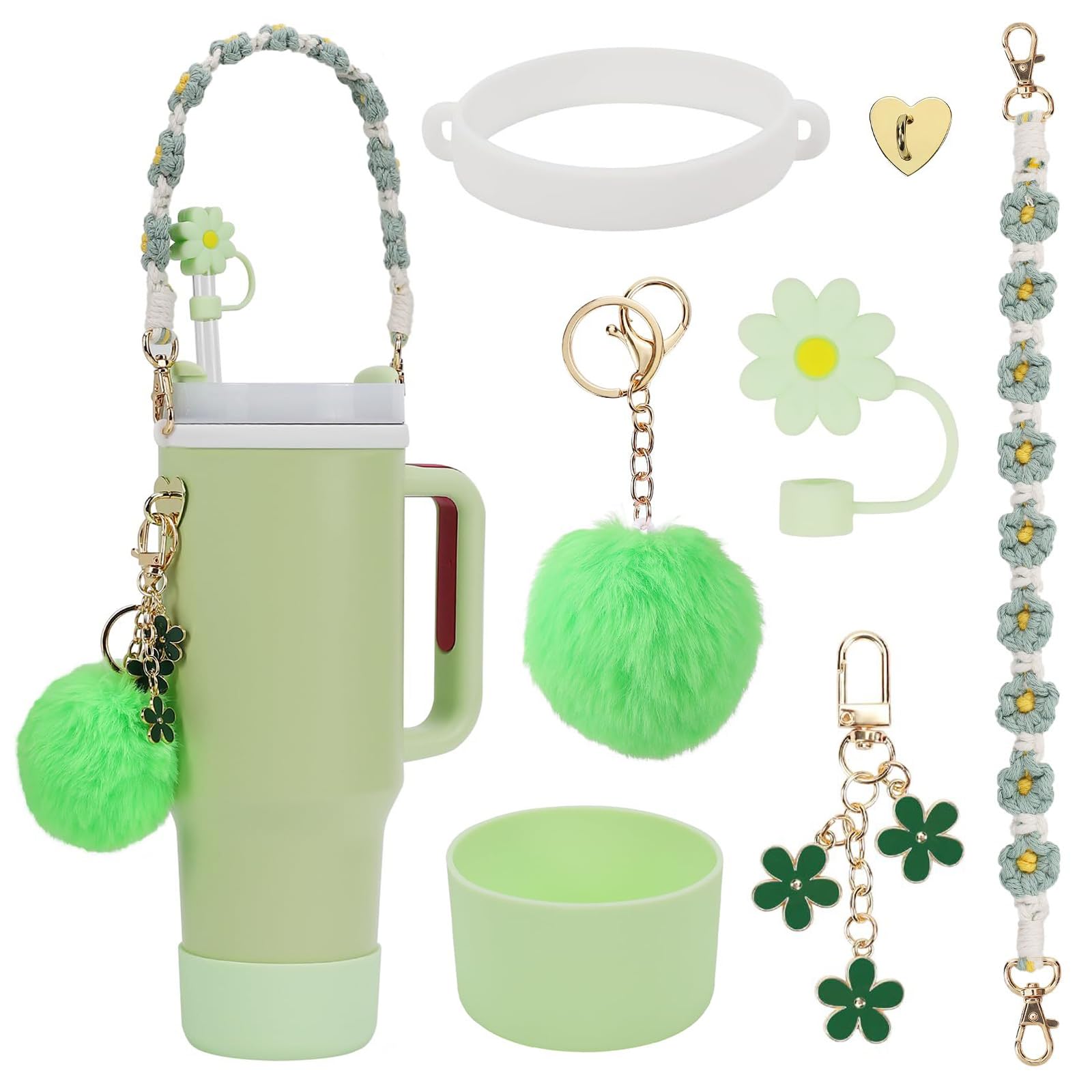 Gestarich Stanley Cup Accessory Set: 7-Piece Bundle Including Straw Cover, Silicone Boot, Hand Strap, 4 Charms for 40oz & 30oz Tumblers