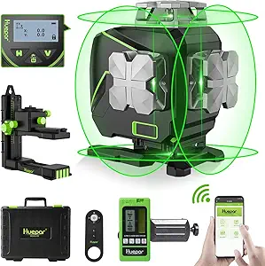 Huepar 16 Lines Self Leveling Laser Level 4x360° Cross Line Laser with Receiver -LCD Screen, 4D Bluetooth Green Beam Tiling Floor Laser Tool, 360° Horizontal/Vertical Laser Kit -Remote Control S04-5RG
