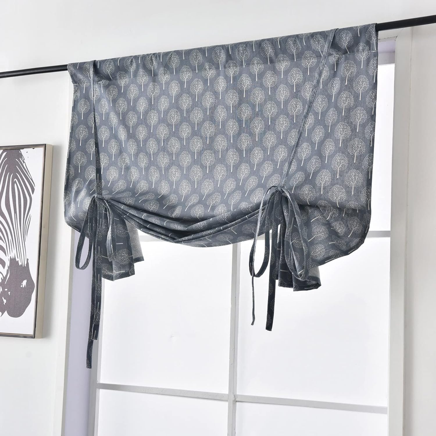 LUNEZY Grey Geometry Printed Tie Up Curtains Window Coverings, 1 Panel, 46" W X 63" L Kitchen Privacy Curtain, Roman Shading Blinds Curtain for Indoor Bathroom Bedroom