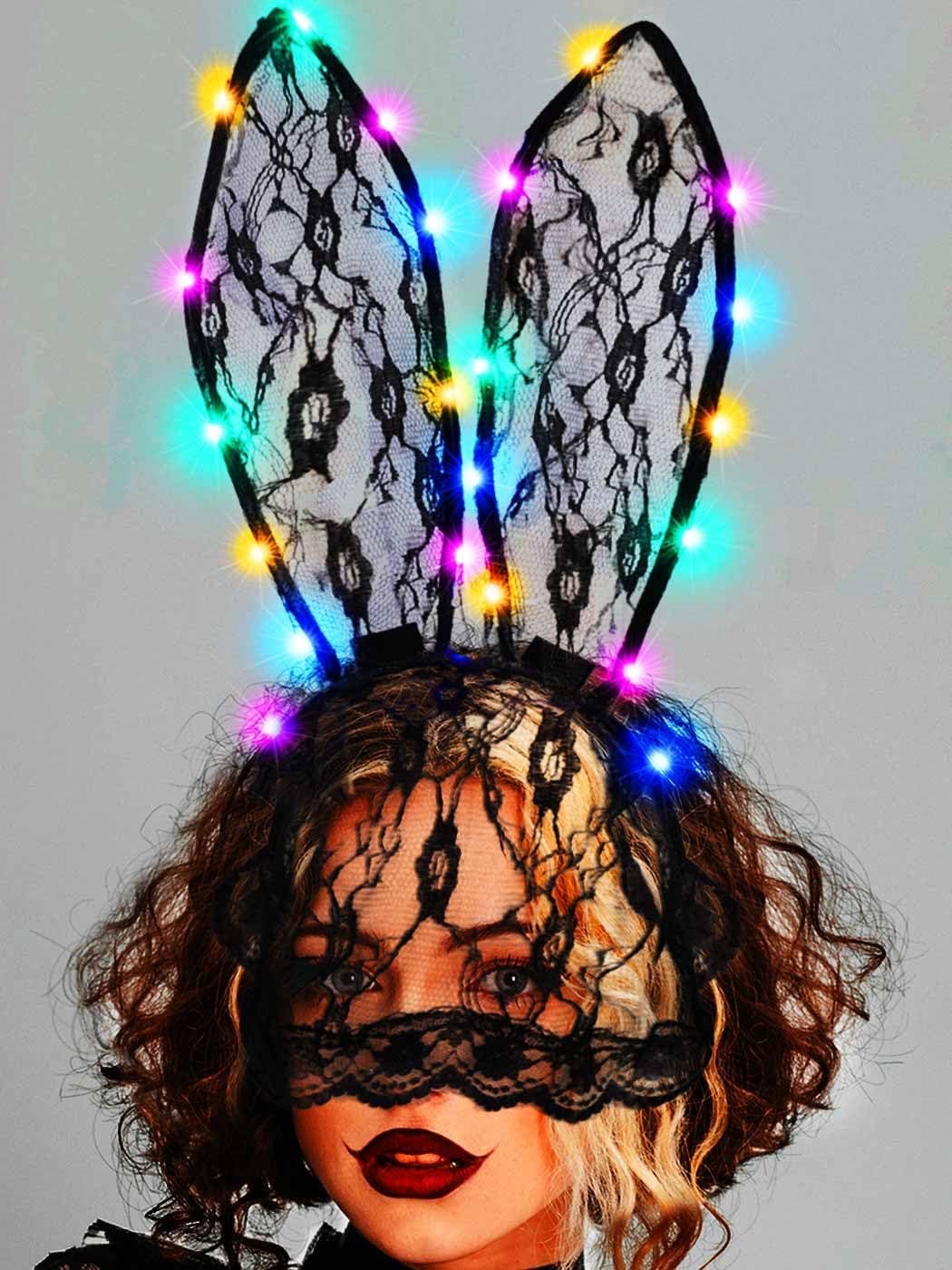 Catery Black Lace Bunny Ears Light Up Rabbit Ears Headband Bunny Mask Halloween Accessories for Women