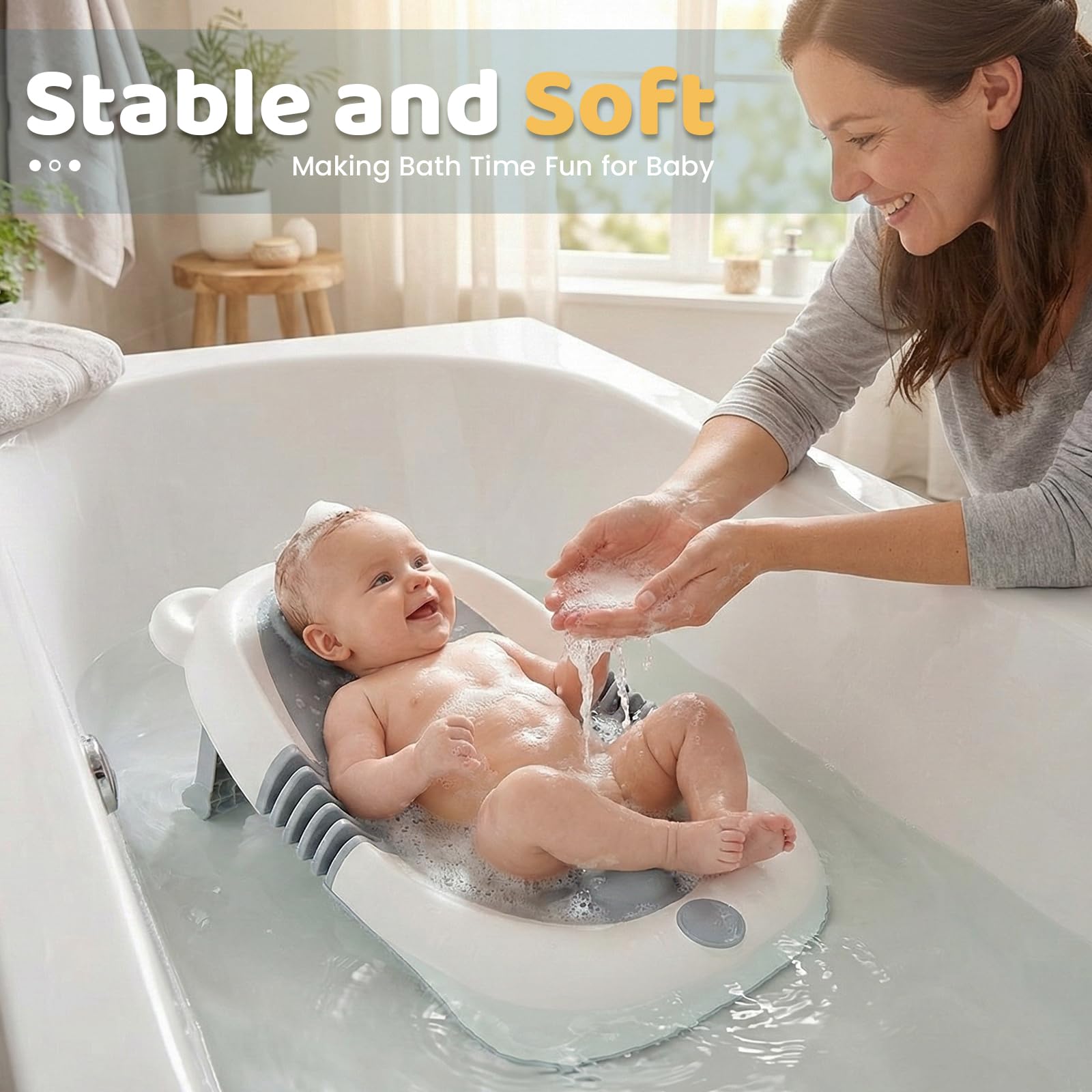 Orzbow Plegable Soporte Bañera Bebe, Estable Soporte Baño Bebe con Estructura Triangular, Base Antideslizante con Ventosas, Tacto Suave, Adecuado para Recién Nacidos, Portátil, Gris